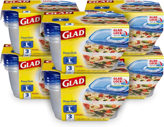 Glad GladWare Deep Dish Food Storage Containers, Large Rectangle - Meal Container Holds up to 64 Ounces of Food - Lock Tight Seal, 3 Count - 6 Pack