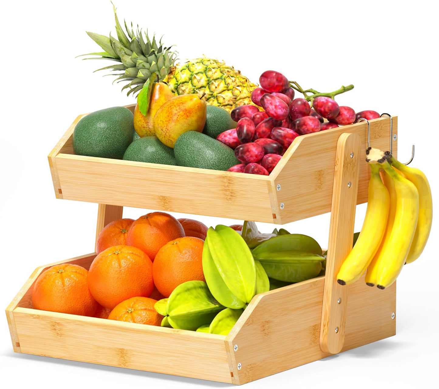 Bamboo Fruit Basket for Kitchen–2 Tier Fruit Bowl For Kitchen Counter, Large Fruit Holder With 2 Banana Hangers, Idea For Fruit and Vegetable Storage, Bread Basket, Snack Organizer(BAMBOO)