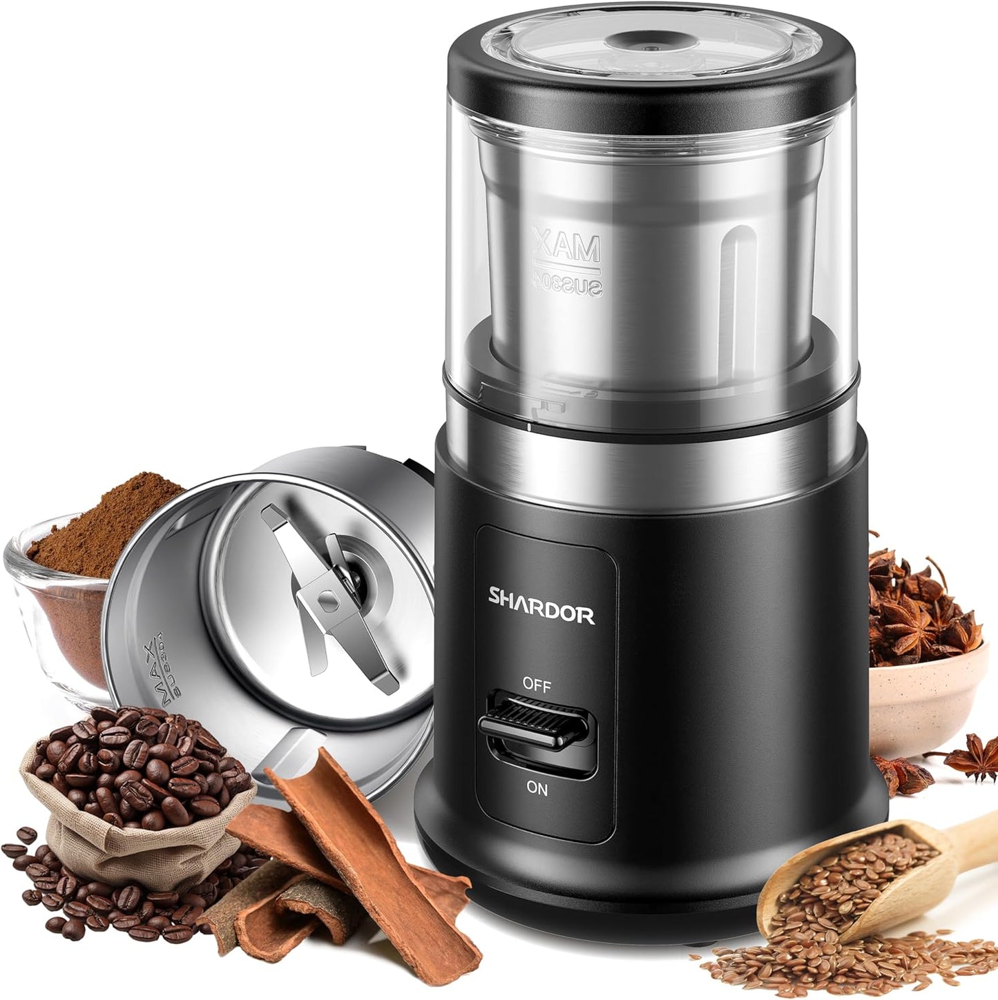 SHARDOR One Touch Coffee Grinder Electric, Spice, Herb, For Coffee Bean Spices and Seeds with 1 Removable Stainless Steel Bowl, Dry Grinder, Black