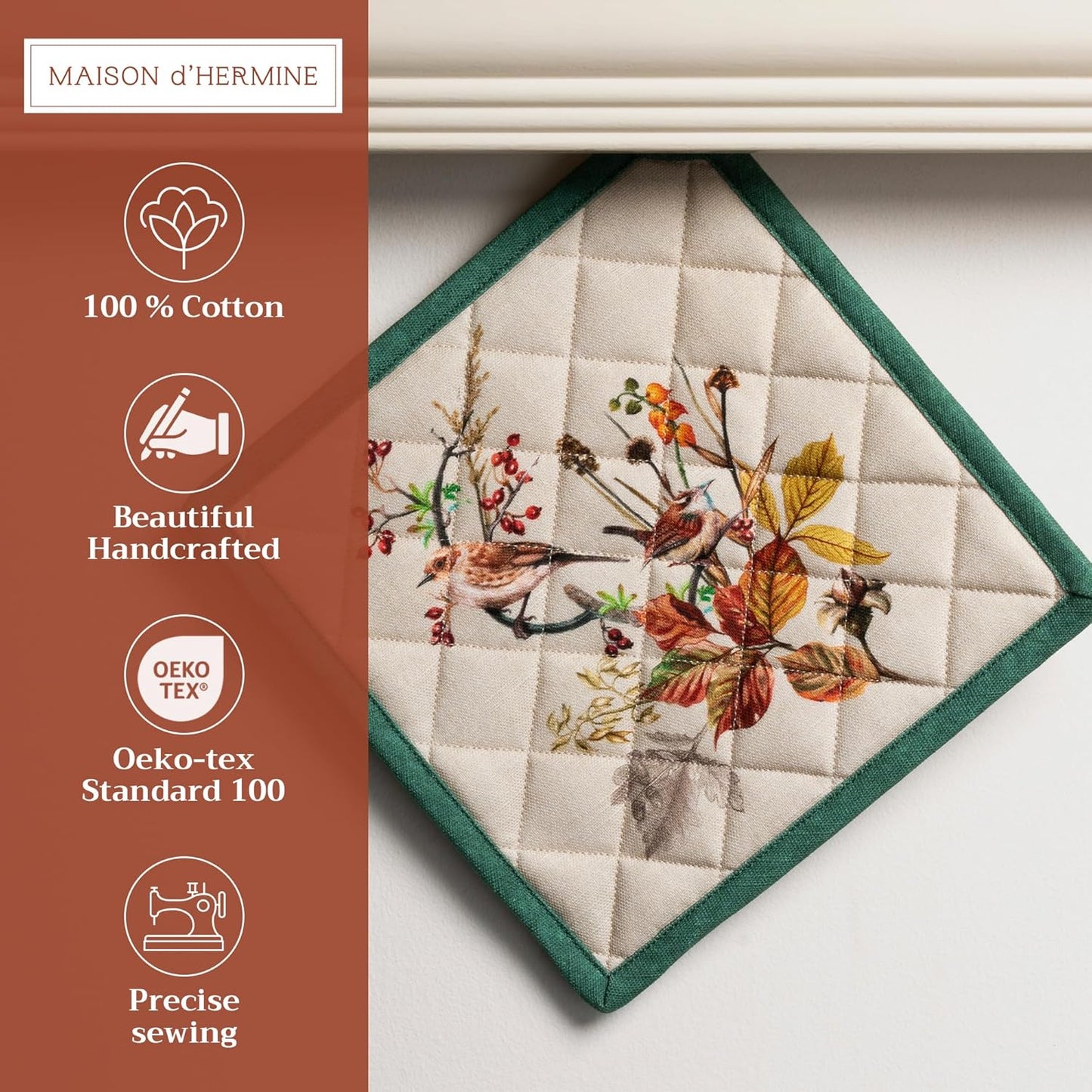 Maison d' Hermine Pot Holders 100% Cotton Heat Resistant Potholders 8" x 8" Hot Pads with Loop BBQ, Cooking, Baking, Grilling, Kitchen, Handling Hot Pans (Pack of 1, Recolte)