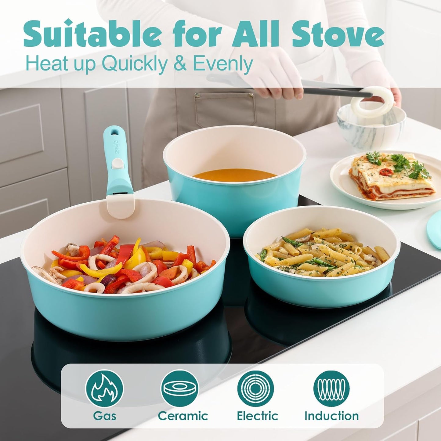 SENSARTE 17 Piece Ceramic Pots and Pans Set, Nonstick Detachable Handle Cookware, Induction Kitchen Cookware Set with Removable Handle, Dishwasher ＆ Oven Safe (Turquoise)