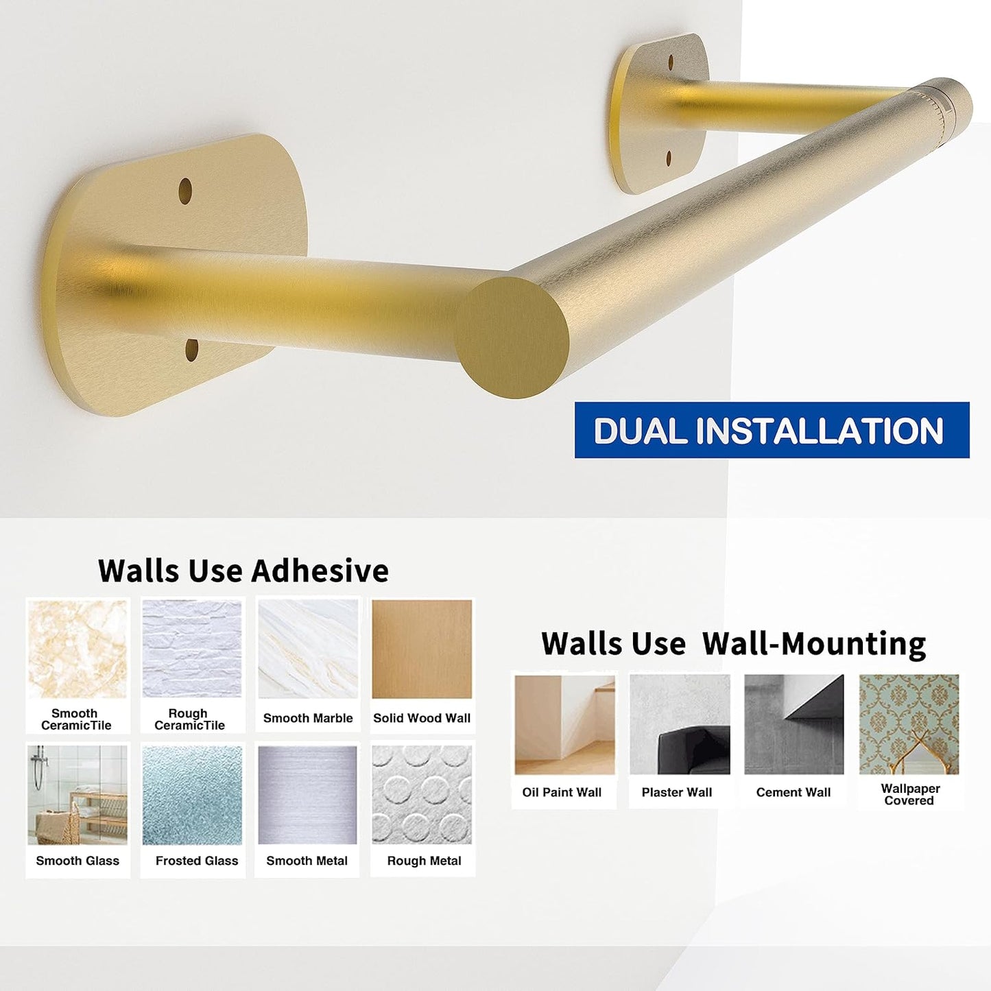 Ruacq Brushed Gold Paper Towel Holder Double Post Pivoting Round Base Under Cabinet Paper Towel Holder for Kitchen Self-Adhesive or Drill mounting