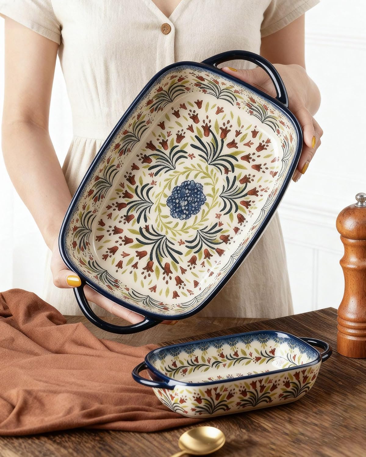 Polish Pottery Style Ceramic Baking Dish Set of 2 – Decorative Casserole Dishes with Handles, Cute Oven-Safe Lasagna Bakeware Gift Set
