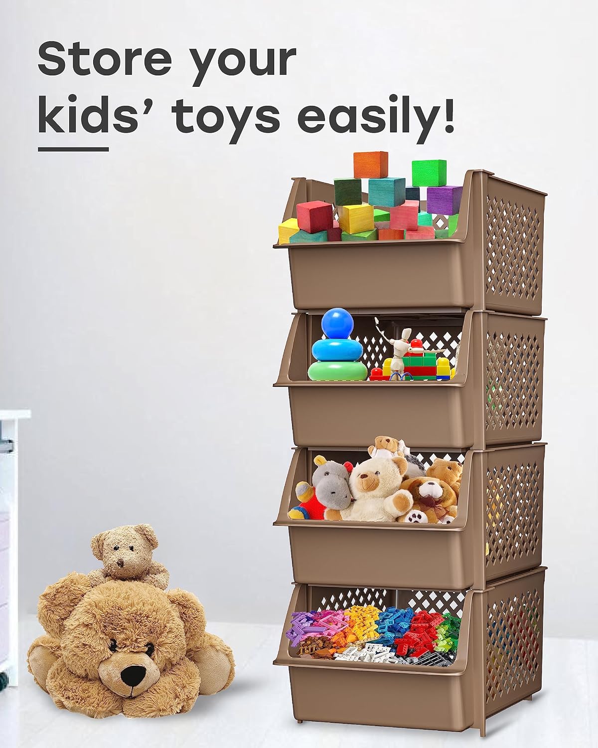 TidyFriend Stackable Storage Bins for Pantry - 4 Pack Medium Stackable Bins For Organizing Food, Kitchen, and Bathroom Essentials (Brown)