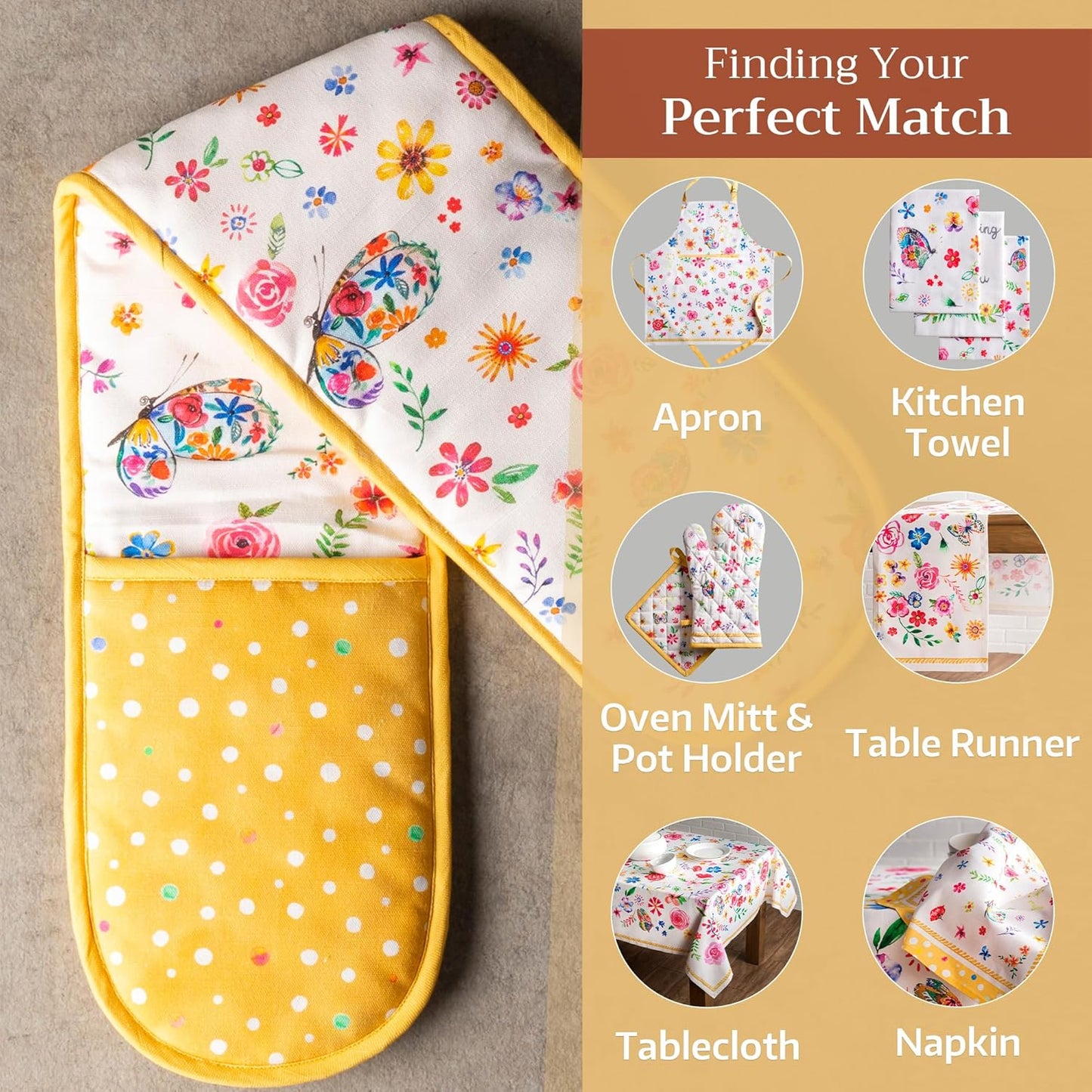 Maison d' Hermine Double Oven Mitts 100% Cotton 7"x35" Double Oven Mitt Heat Resistant BBQ Cooking Gloves with Loop, Baking, Grilling, Kitchen, Handling Hot Pans Spring Summer (Happy Florals - Sweety)