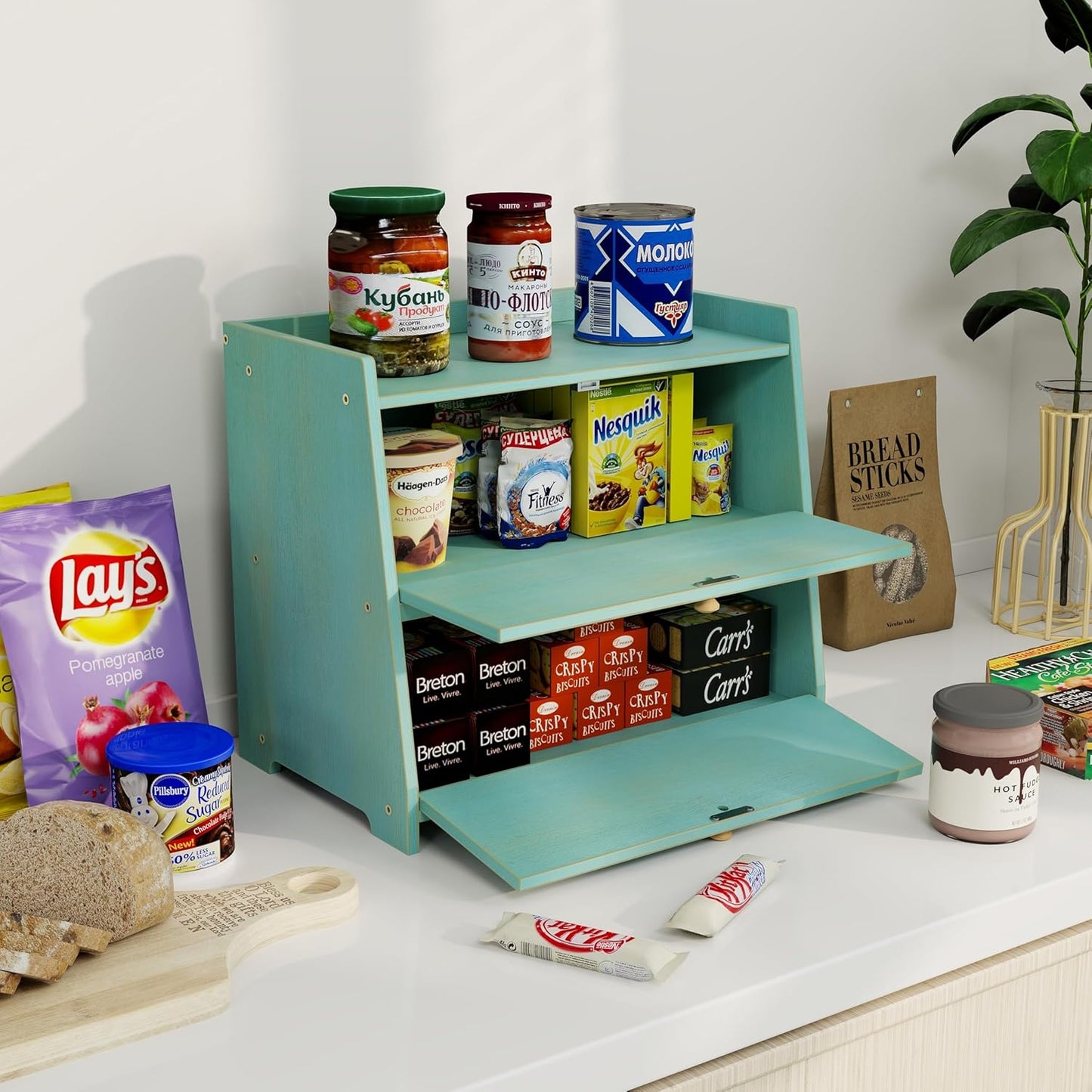 Vintage Double Layer Bread Box for Kitchen Counter Bamboo Bread Storage Container Large Capacity Bread Storage Bin (Antique Blue)