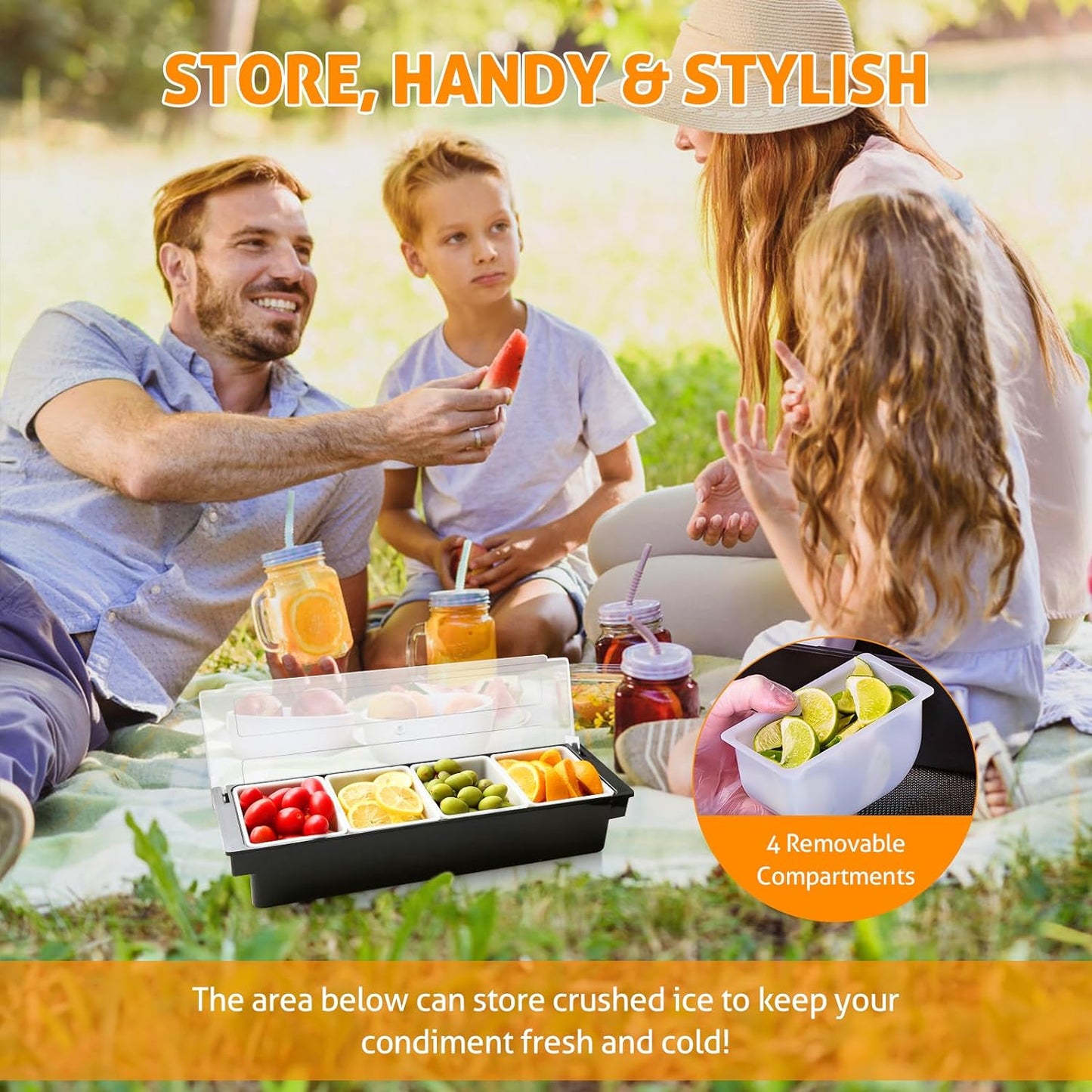 WICHEMI Condiment Container with Lid Ice Chilled Condiment Server with Ice Tray Fruit, Veggie & Condiment Caddy Plastic Garnish Station for Bartending Serving Taco, Salad Bar Container (4 Compartment)