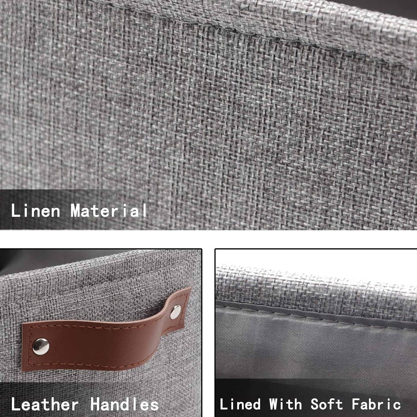 HNZIGE Foldable Fabric Storage Baskets (6pack), Empty Gift Baskets with Leather Handles, Decorative Organizers for Closet (Gray, 11.8" x 7.8" x 5.1")