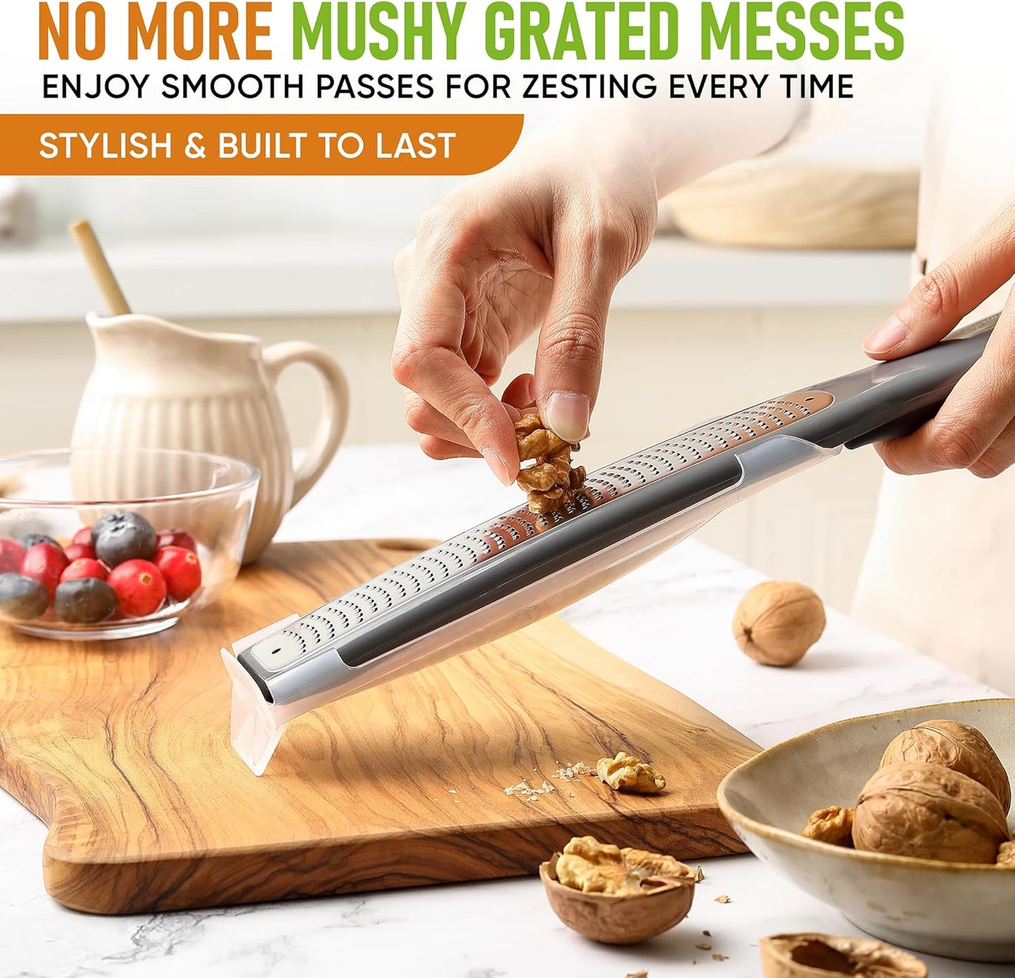 Spring Chef Premium Gray Lemon Zester Grater with Handle - Lime, Garlic, Ginger, Orange, Nutmeg, Fruit Grater - Heavy Duty Kitchen Tool - Stainless Steel Citrus Zester with Blade Cover - Fine Shred