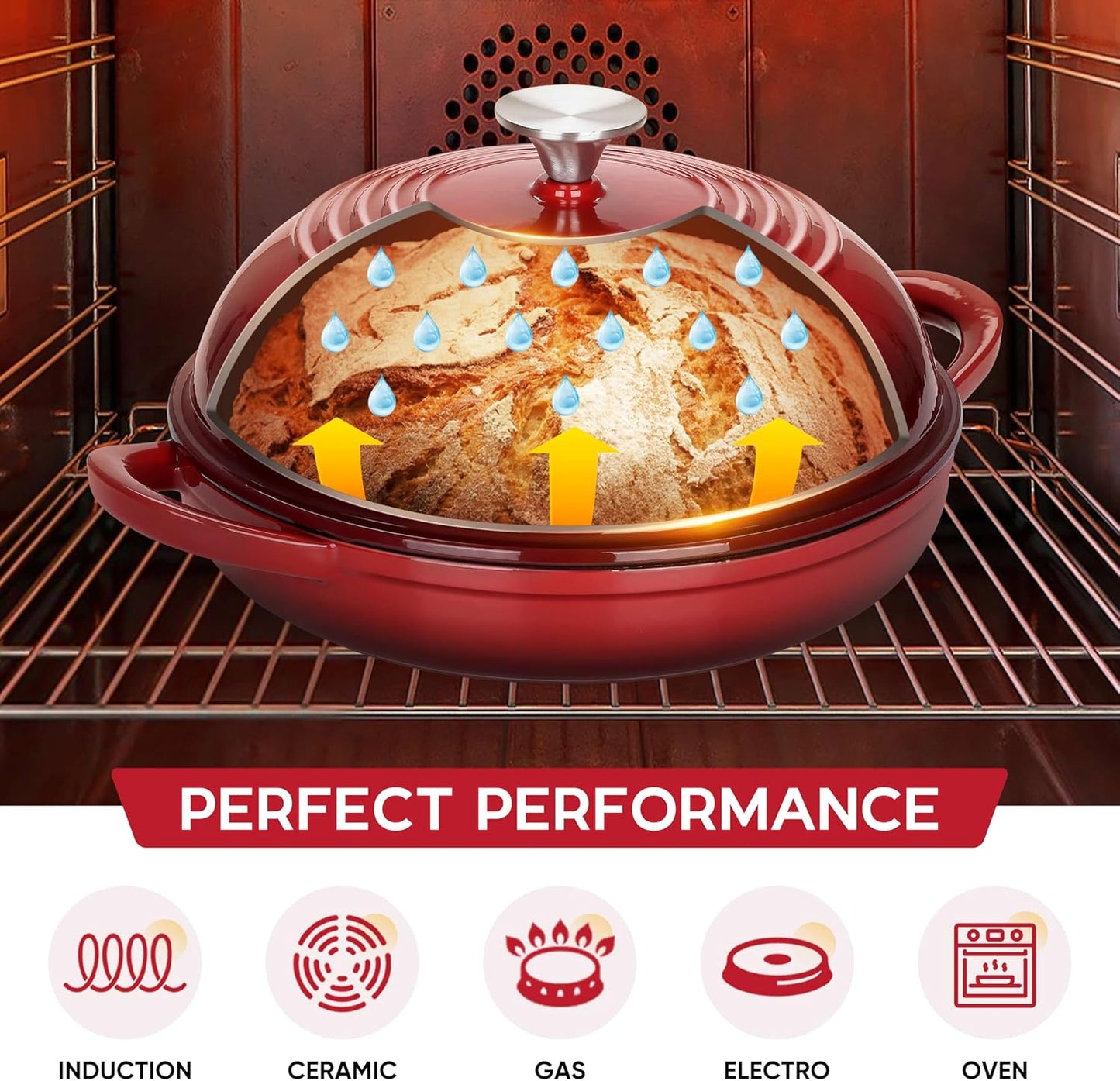 E-far Dutch Oven for Sourdough Bread Baking, 6 Qt Round Enameled Cast Iron Dutch Oven for Homemade Artisan Bread, Dome Lid & Shallow Base, Matte Black Interior & Durable, Oven-Safe to 500℉, Red