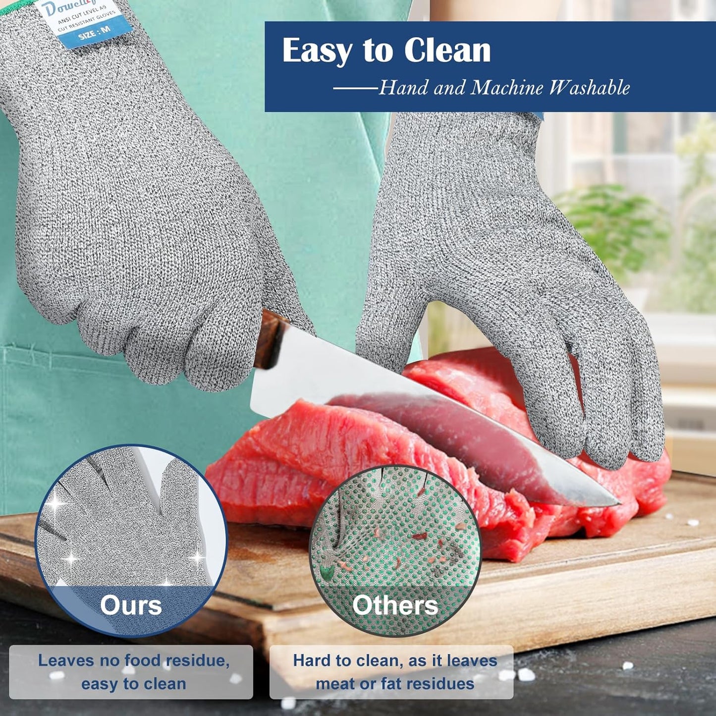 Dowellife Soft Level 9 Cut Resistant Gloves Food Grade, Steel Wire Mixed Kitchen Safety Gloves for Chef Oyster Shucking Mandoline Knife Butcher Meat Cutting Carving (X-Large)