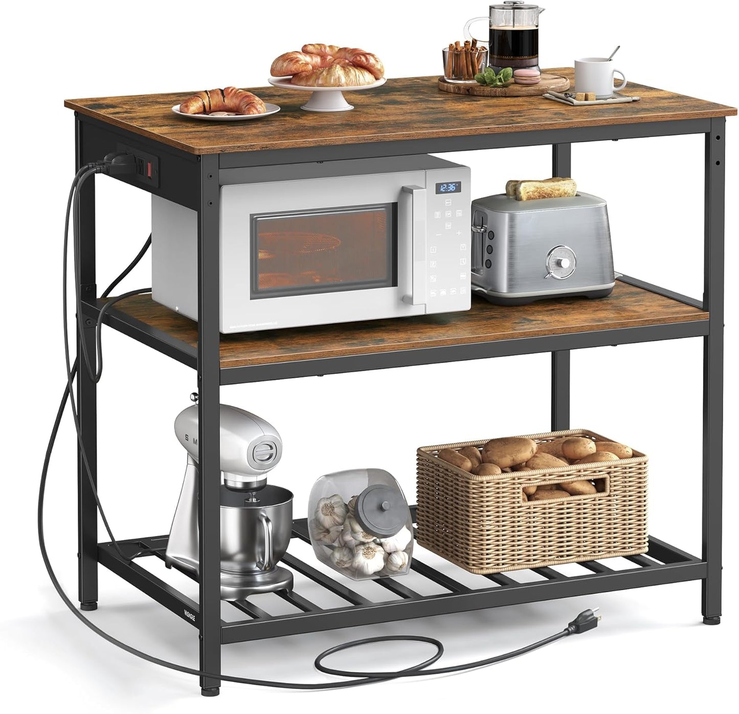 VASAGLE Kitchen Island with 3 Shelves, 39.4 Inches Width Kitchen Shelf with Power Strip, Large Worktop, Stable Steel Structure, Industrial, Easy to Assemble, Rustic Brown and Black UKKI105K01