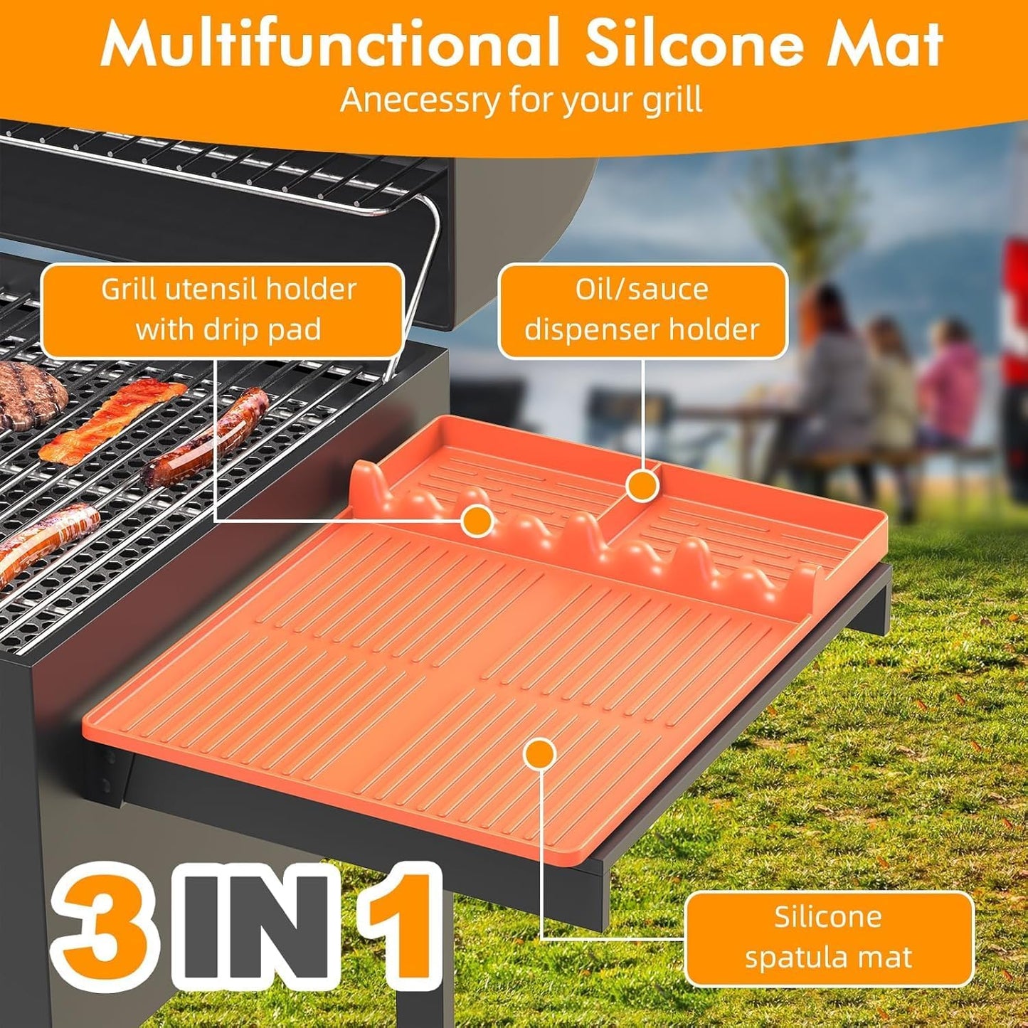Griddle Mat Compatible with Blackstone, Silicone Grill Tools with Drip Pad, Spatula Mat for Outdoor Grill, Side Shelf Pad (Orange-2Pcs)