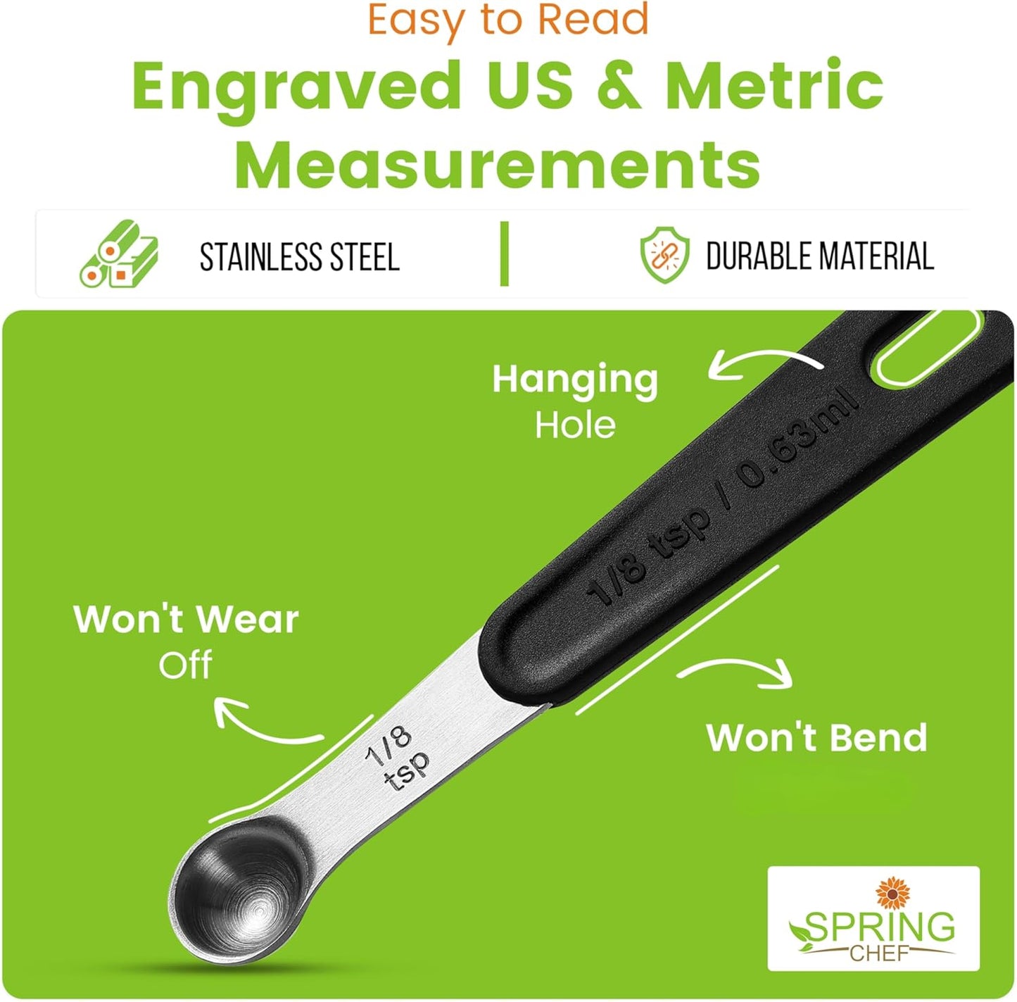 Spring Chef Stainless Steel Magnetic Measuring Spoons Set of 8 with Leveler, Round Metal Teaspoon & Tablespoon Measuring Spoons - Kitchen Gadgets For Baking and Cooking