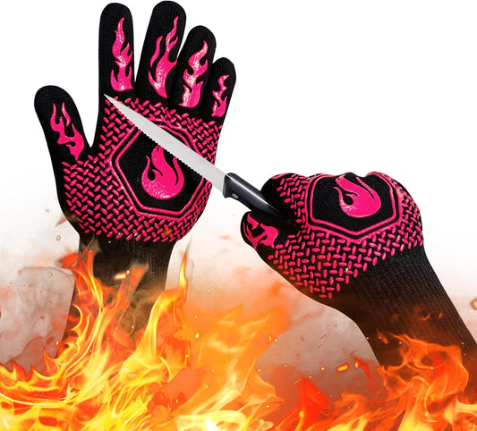 BBQ Fireproof Gloves, Grill Cut-Resistant Gloves 1472°F Heat Resistant Gloves, Non-Slip Silicone Oven Gloves, Kitchen Safe Cooking Gloves for Oven Mitts,Barbecue,Cooking, Frying,13.5 Inch-Rose Pink