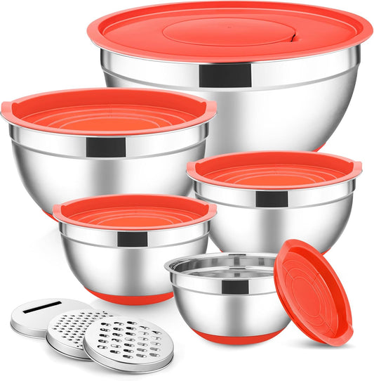 E-far Stainless Steel Mixing Bowls with Lids Set, 5-Piece Nesting Salad Bowls with 3 Grater Attachments and Non-Slip Bottoms, Size 4.6, 2.6, 2, 1.5, 1QT for Kitchen (Red)