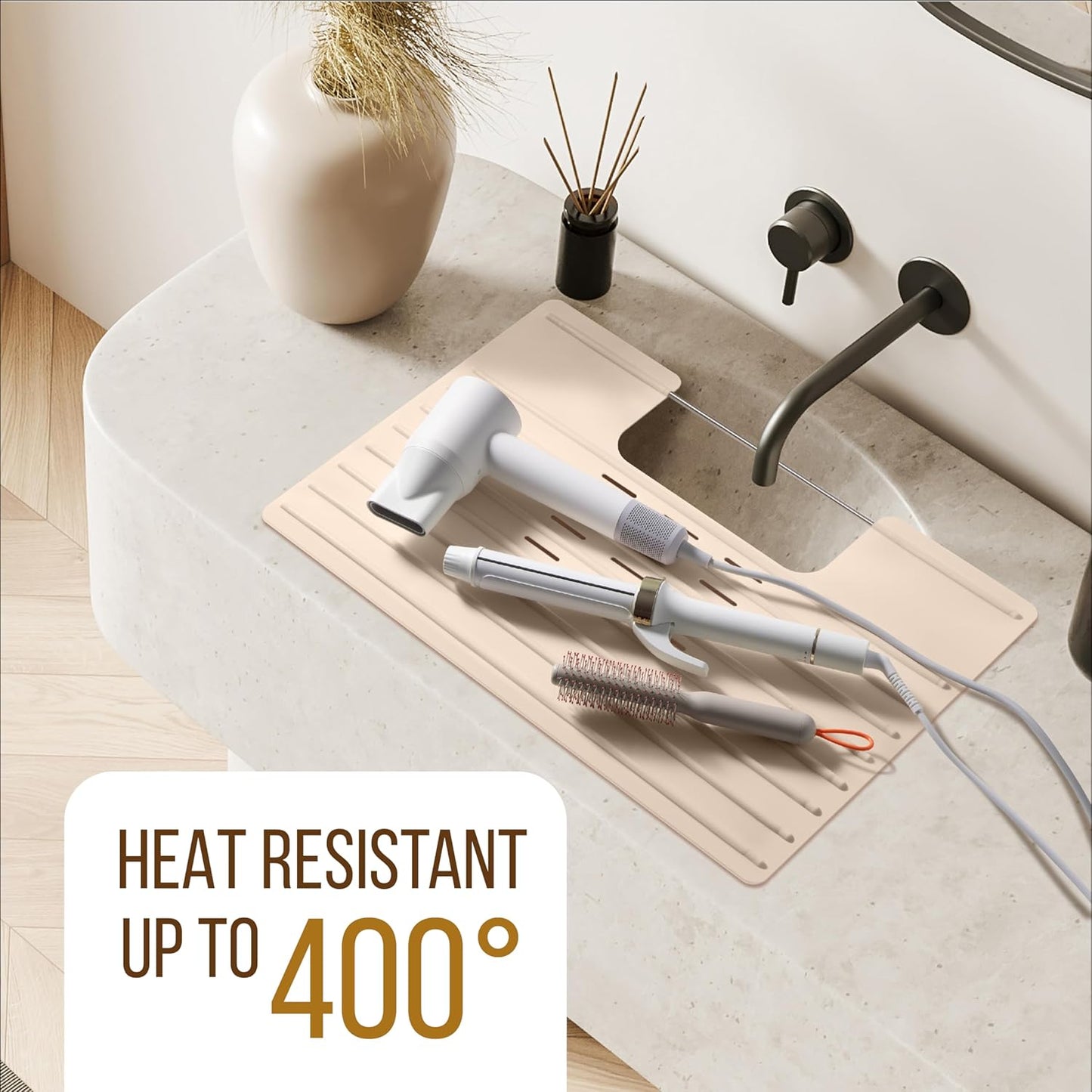 Maplefield Bathroom Sink Mat Cover - Small Beige Silicone - Heat Resistant up to 400°F - Foldable Oval Sink Cover & Makeup Mat with Raised Ridges