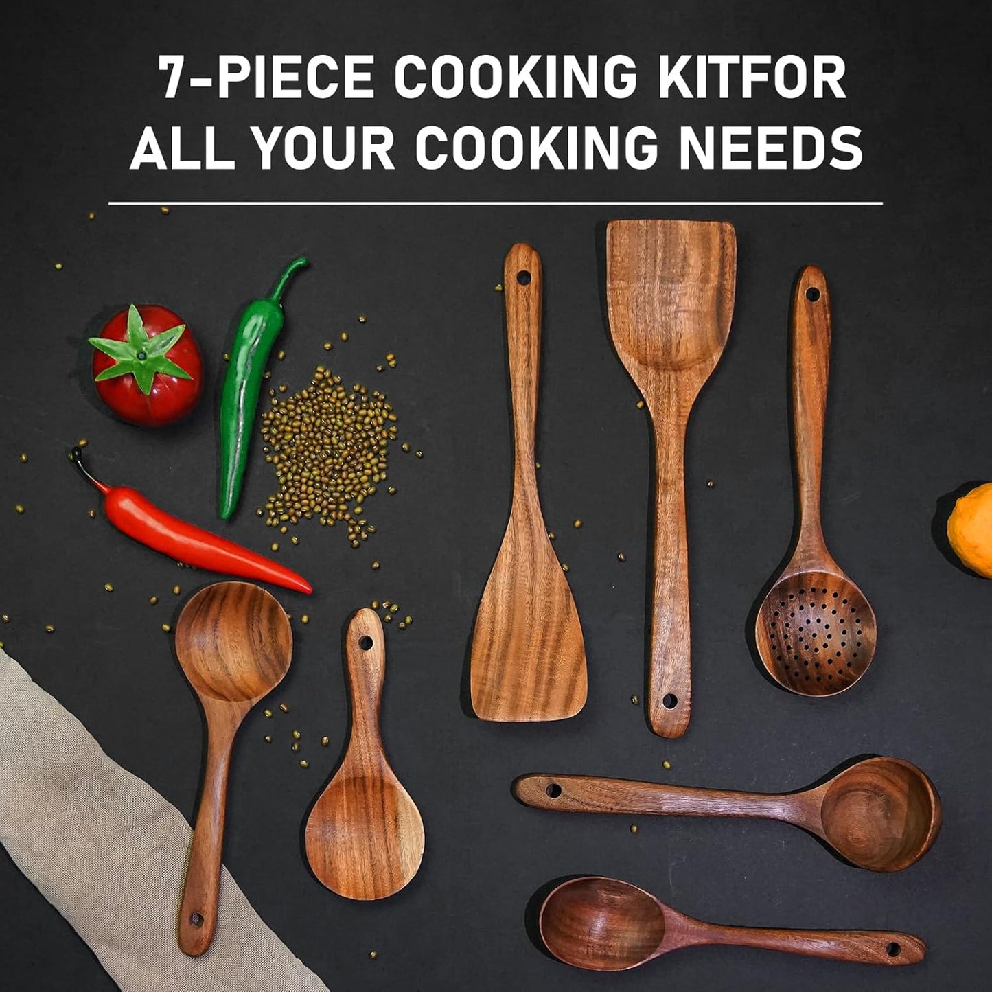 FJNATINH 7-Piece Nonstick Wooden Cooking Utensils Set, Natural and Healthy Kitchen Utensils（7 Pcs）