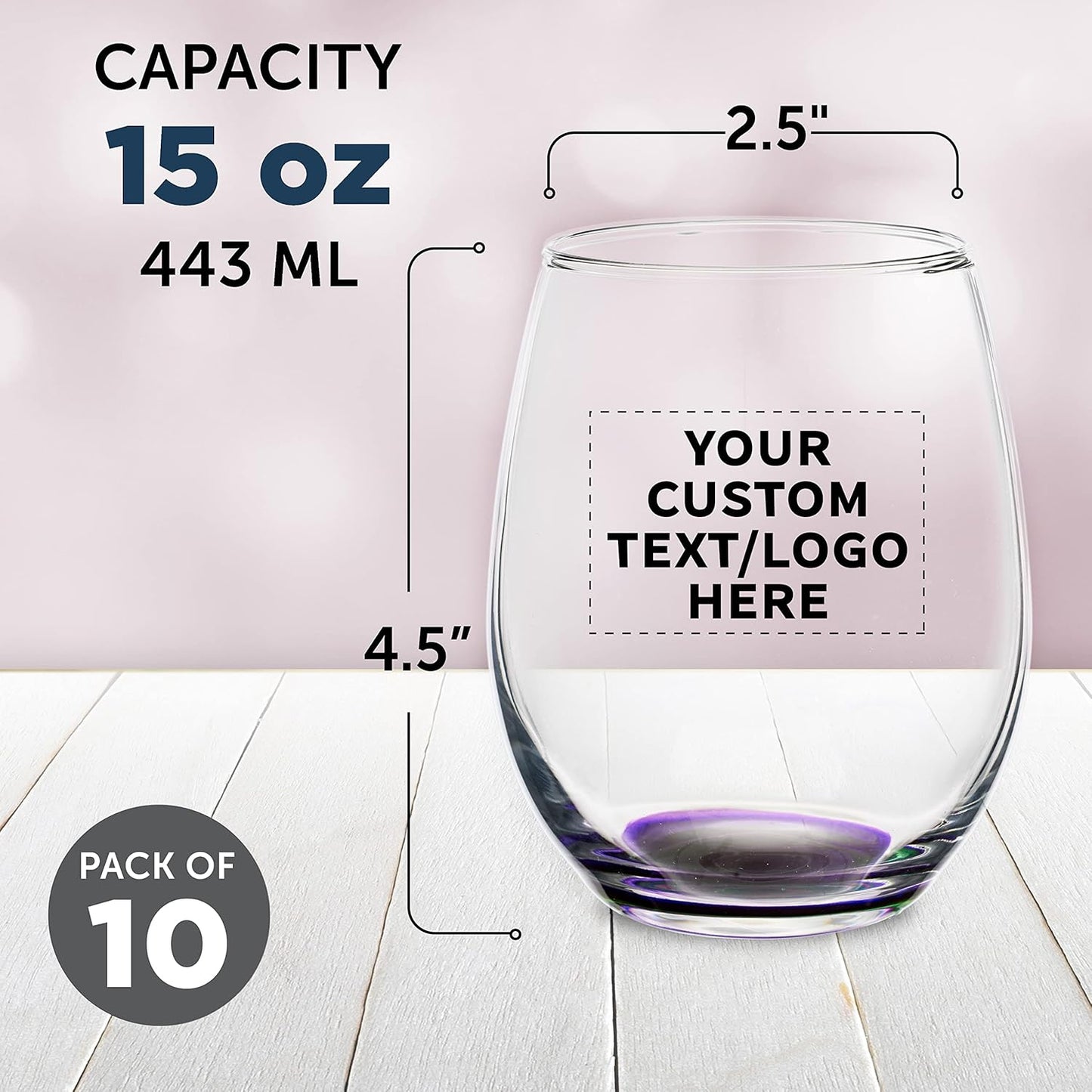 Custom Stemless Wine Glasses in Bulk by ARC Perfection, 15 oz, 10 pack, Personalized Text, Logo, Purple or White Wine Glass Set, Purple