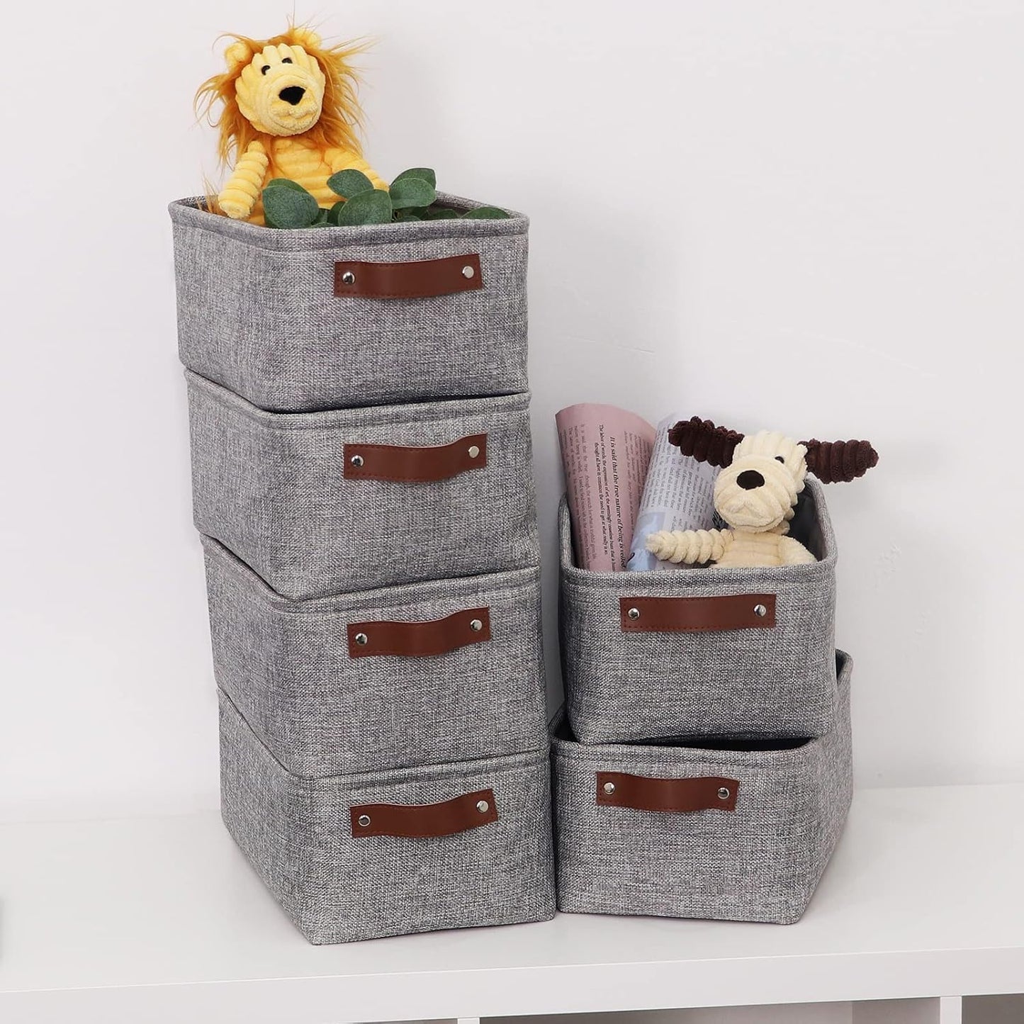 HNZIGE Foldable Fabric Storage Baskets (6pack), Empty Gift Baskets with Leather Handles, Decorative Organizers for Closet (Gray, 11.8" x 7.8" x 5.1")