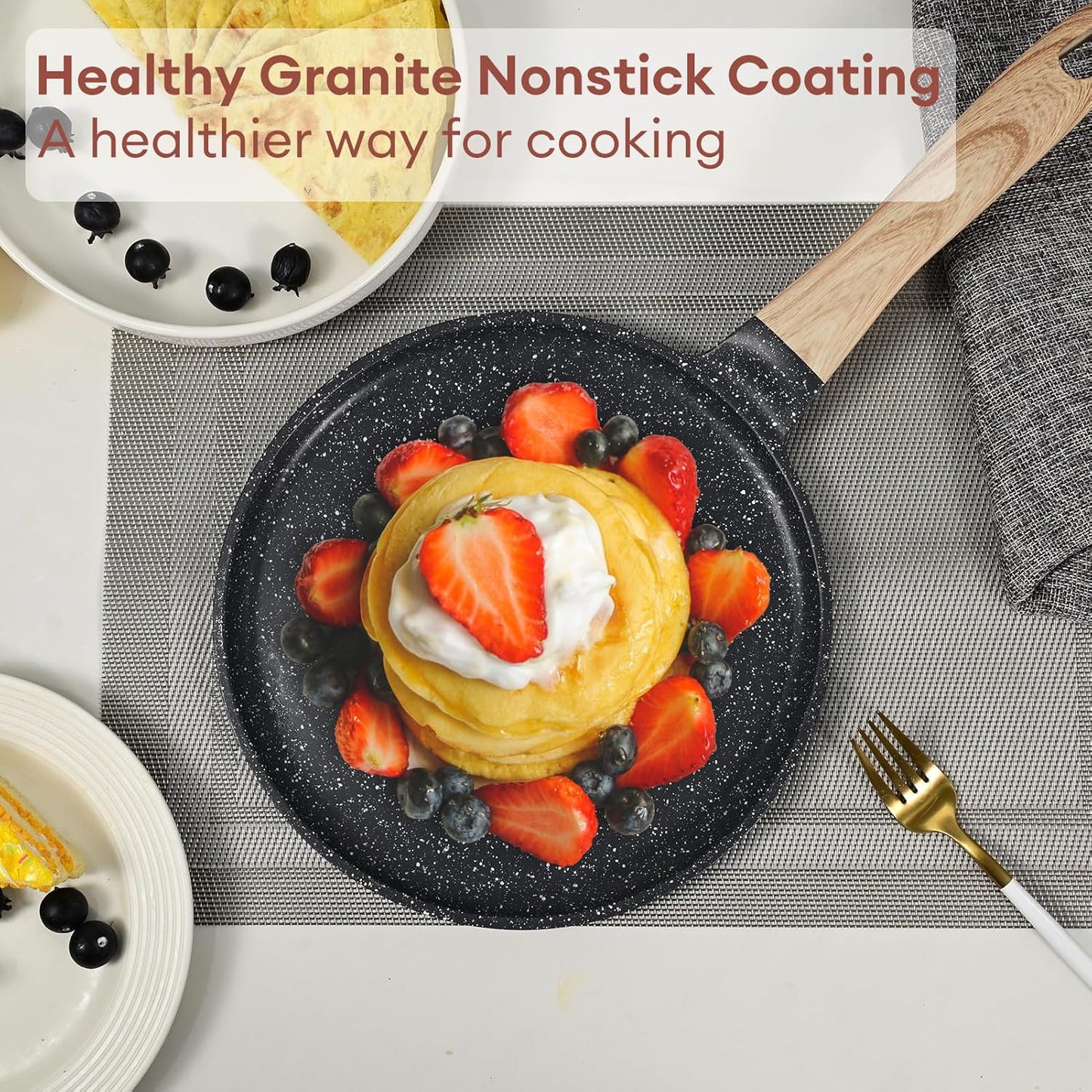 JEETEE Crepe Pan Nonstick, 9.5 inch Comales Para Tortillas Griddle Pan for Stove Top, Granite Coating Flat Pancake Pan Dosa Tawa, PFOA FREE and Induction Compatible (Grey)