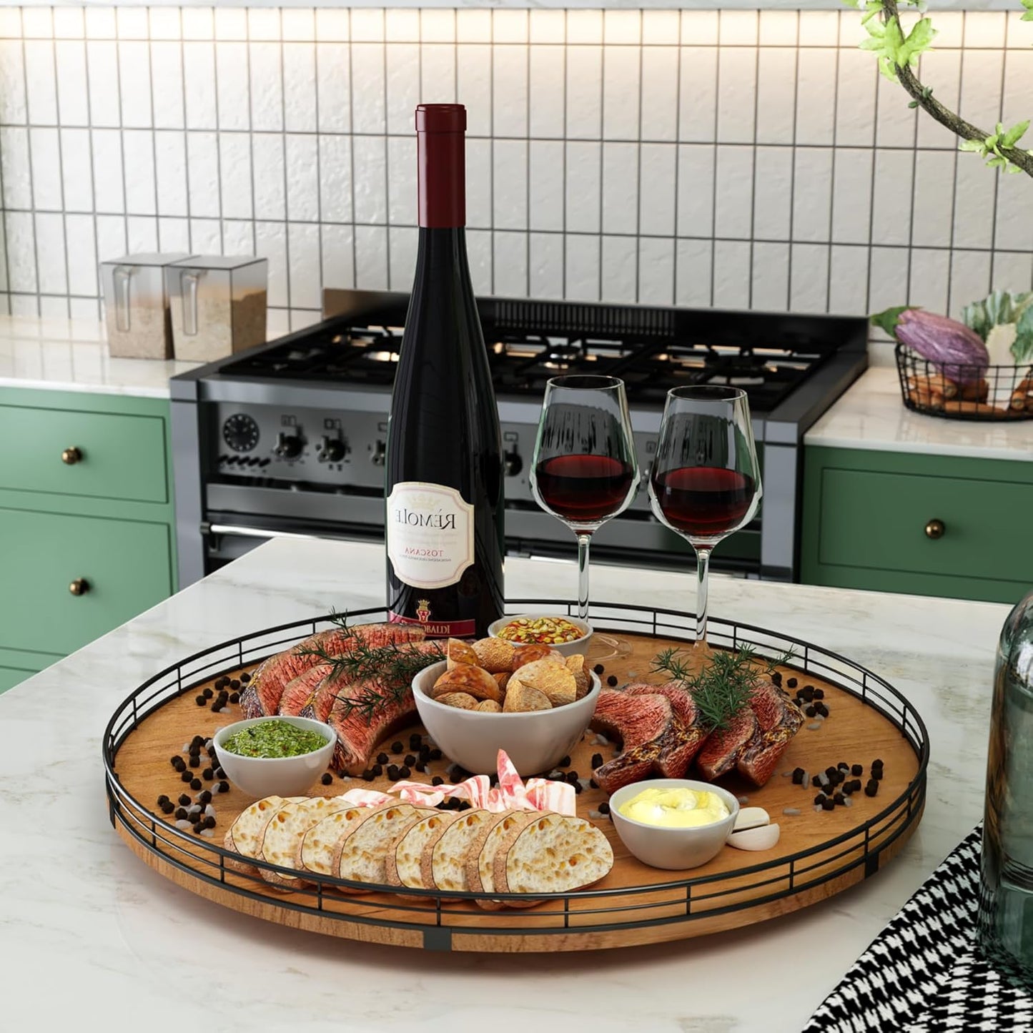 Farmhouse Oak 21" Lazy Susan Turntable Organizer for Cabinet, Round Wooden Lazy Susan Organization and Storage for Dining Table, Pantry, Kitchen, Countertop, Cupboard,Home Decor, Walnut (21)