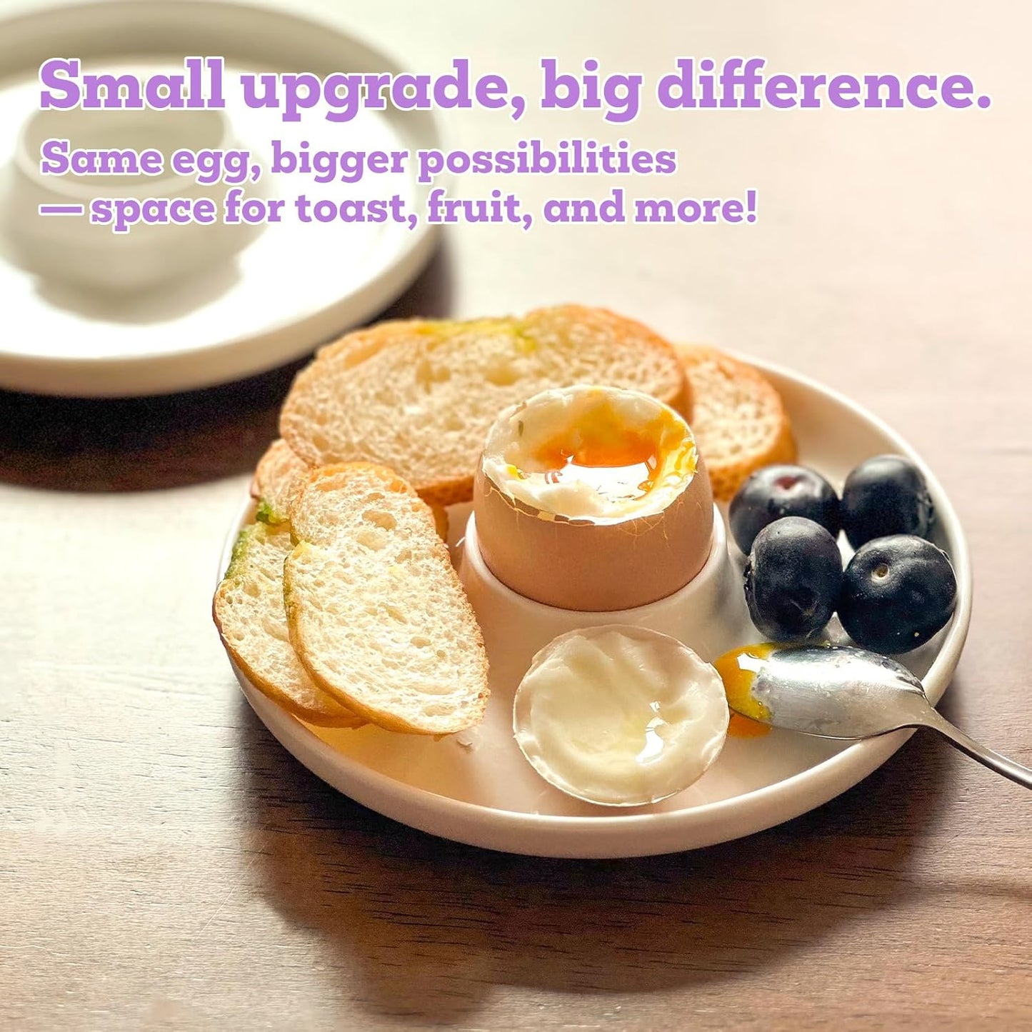 Cinf EggHolder & Spoon Set 2 Ceramic Egg Holders + 2 SS Spoons Breakfast Plate White 5.5'' Food Container Egg Tray Dinner Serving for Hard Boiled Eggs, Easter & Deserts Kitchen