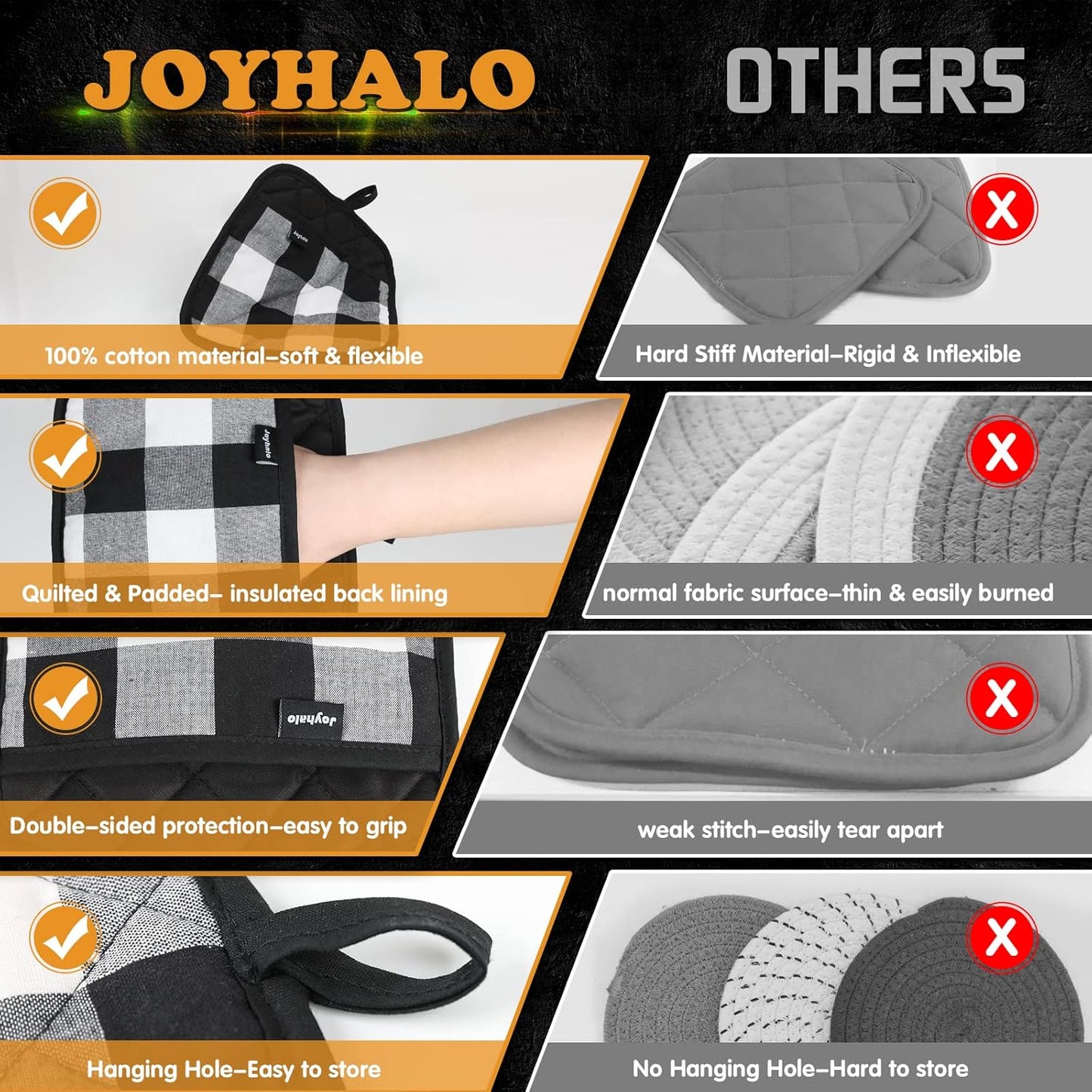 Joyhalo 4 Pack Pot Holders for Kitchen,Cotton Oven Holder with Great Heat Resistance,Non Slip Hot Pads for Kitchen Clearance,Black and White