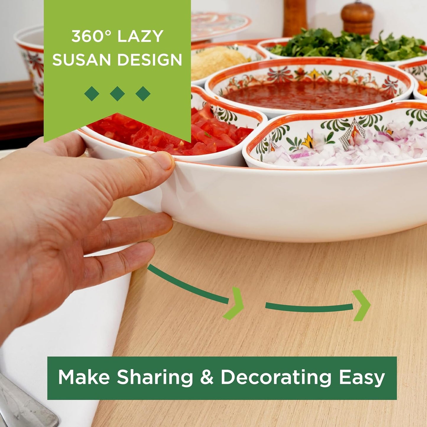 TP Taco Bar Serving Set, Melamine Serving Platter with Lazy Susan, Serving Tray and Bowls, Taco Tuesday Kit Snack Holder for Party and Fiesta, Talavera Bloom