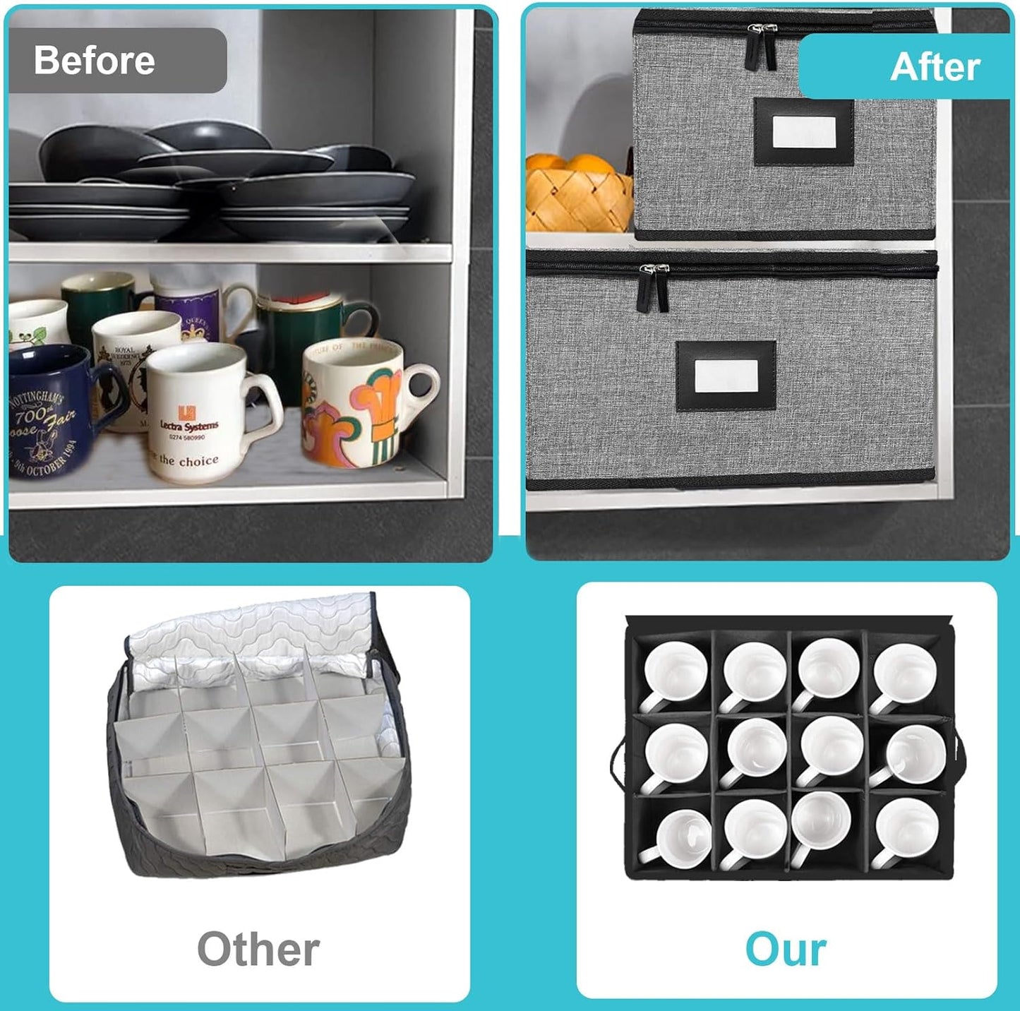 5 PACK China Storage Containers-Quilted Mug Storage and Moving Boxes for Dishes,Dish Packing Supplies for Moving,Dinnerware &Accessories,Holds a total of 48 plates (4 sizes) and 12 cups(Grey)