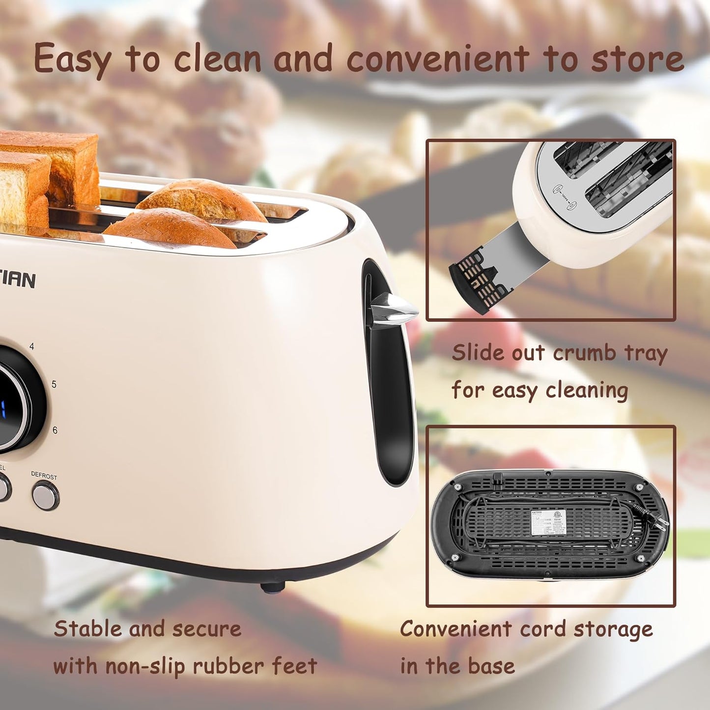 Toaster 4 Slice, KOTlAN Retro Long Slot Toasters with CountdownTimer,Stainless Steel Toaster,Bagel,Defrost,Reheat,Cancel Functions,Extra Wide Slots,6 Toast Settings,Removable Crumbs Tray,White
