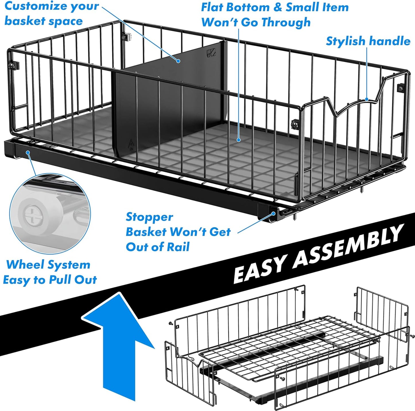 Simple Houseware Pull-Out Cabinet Sliding Basket Organizer, 17.2" D x 9.7" W x 5" H – Black, Ideal for Kitchen and Bathroom Cabinet Storage, Under Sink or Pantry Organization