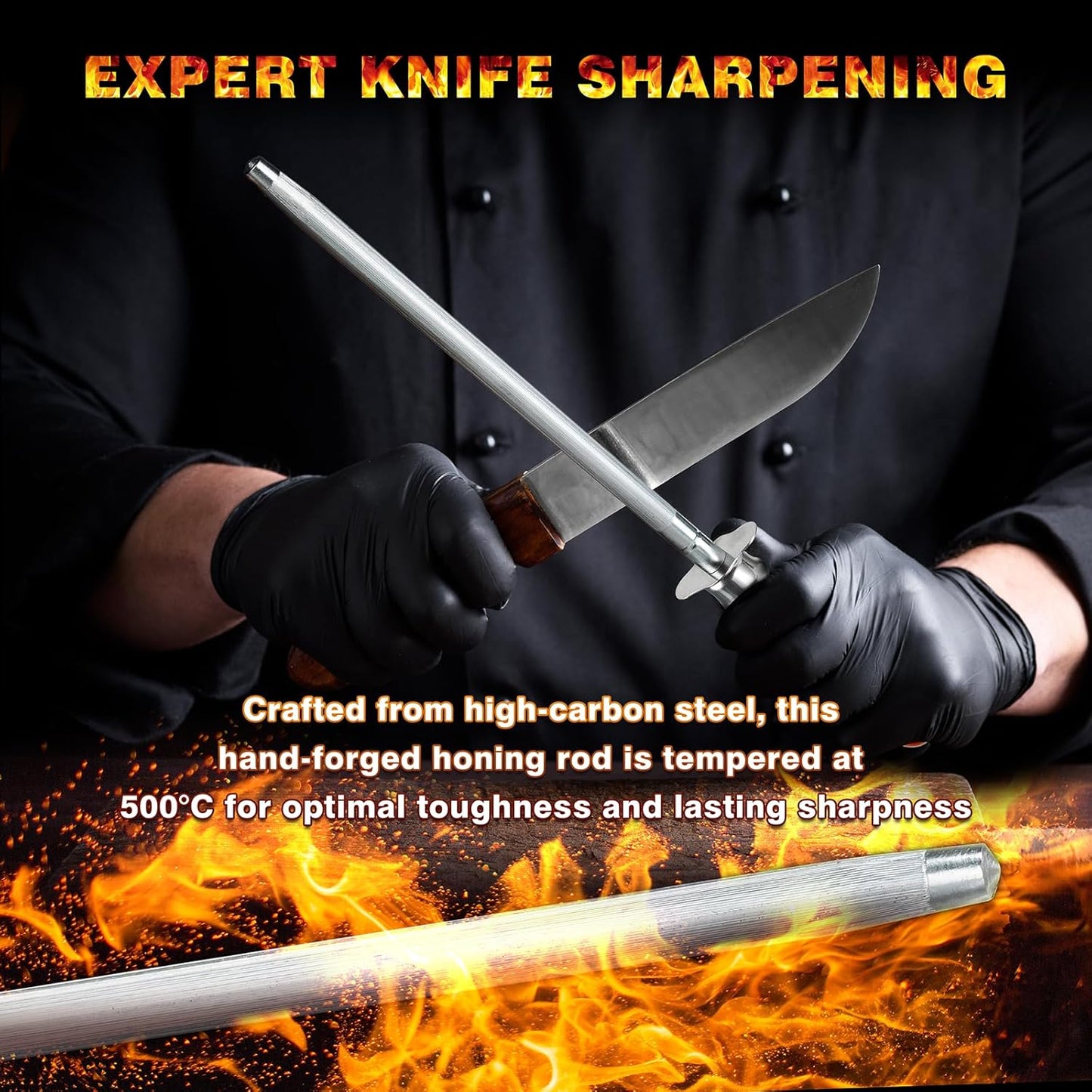 Knife Sharpener Rod, Kitchen Knives Sharpener Carbon Steel Professional Knife Sharpening Steel, Honing Rod with Hanging Holes (13 inches), Z