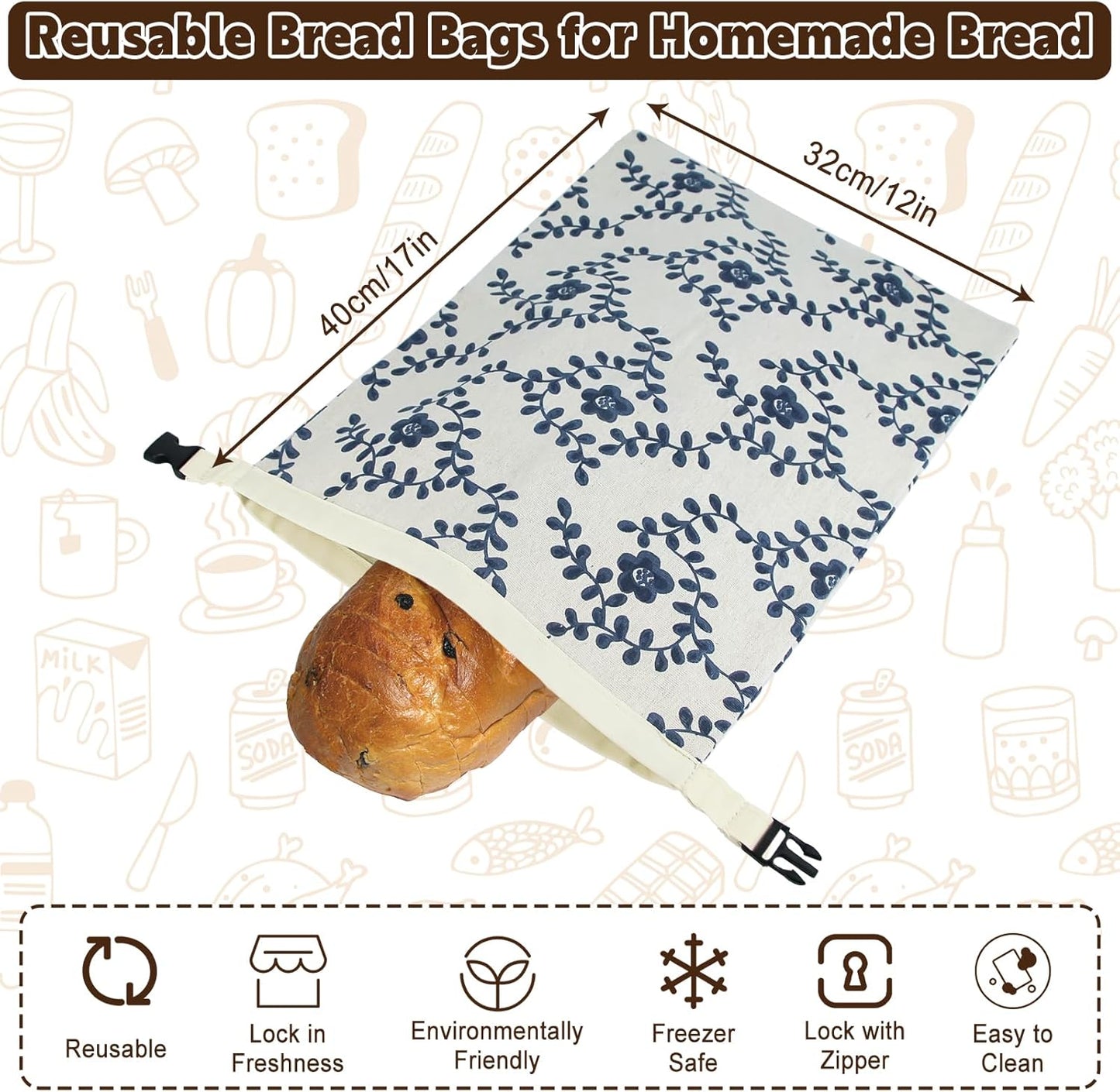 Reusable Bread Bags for Homemade Bread Sourdough, 2 Pack XL Bread Bag with Zipper, 10 Pcs Large Paper Bags with Window, Beeswax-Lined Cotton Storage Bags to Keep Fresh, Freezer Safe Eco-Friendly