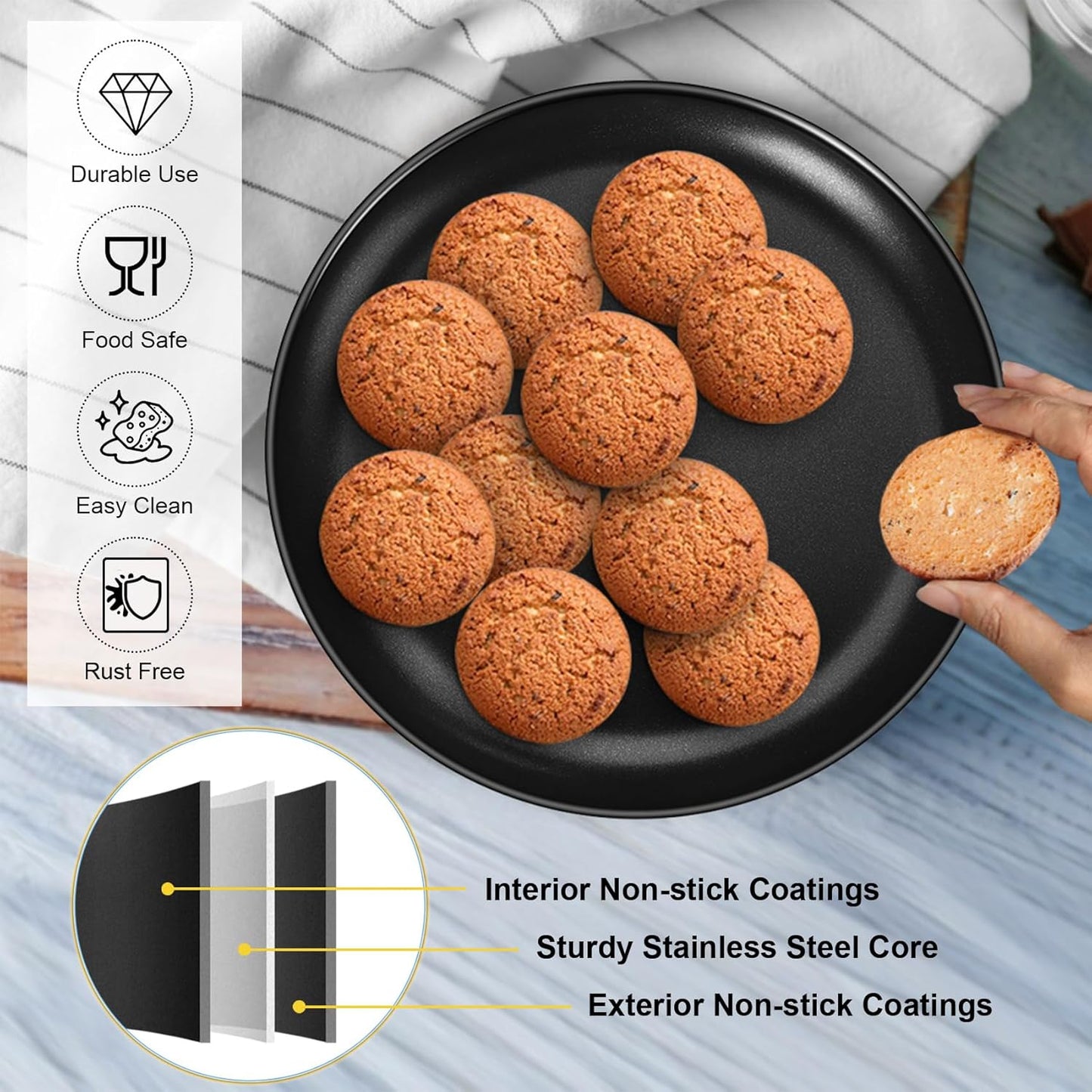 P&P CHEF Pizza Pan Bakeware for Home Kitchen, Stainless Steel Pizza Tray for Baking Pizza, Healthy & Reusable & Easy Clean, Oven & Freezer Safe, 12 Inch & Black