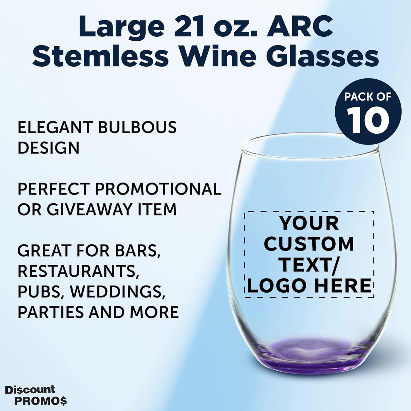 DISCOUNT PROMOS 10 ARC Stemless Wine Glasses Set, 21 oz. - Customizable Text, Logo - Chardonnay, Cabernet, Merlot, Sauvignon - Purple