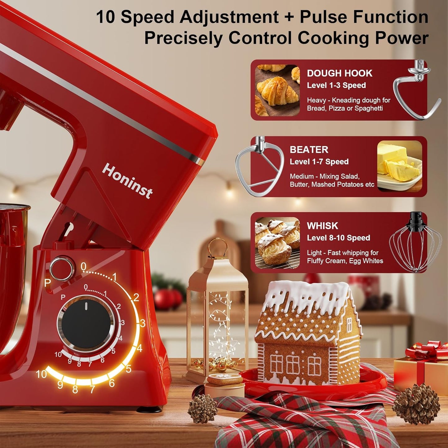 10-Speed Stand Mixer with 8-in-1 Splash Guard, Tilt-Head, 6QT Stainless Steel Bowl + Dishwasher-Safe Dough Hook/Whisk/Beater/Spatula for Baking Bread, Cakes, Cookies, Red