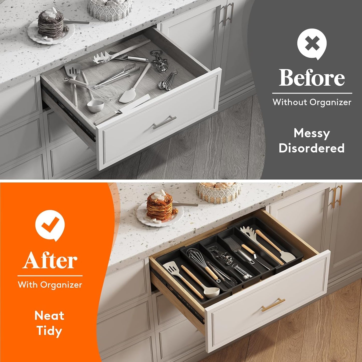 Lifewit Cooking Utensil Drawer Organizer, Expandable from 13 to 22.4 inches, Adjustable Cutlery Silverware Tray, Plastic Flatware Spatula Holder, Kitchen Tools Gadgets Storage Divider, Black