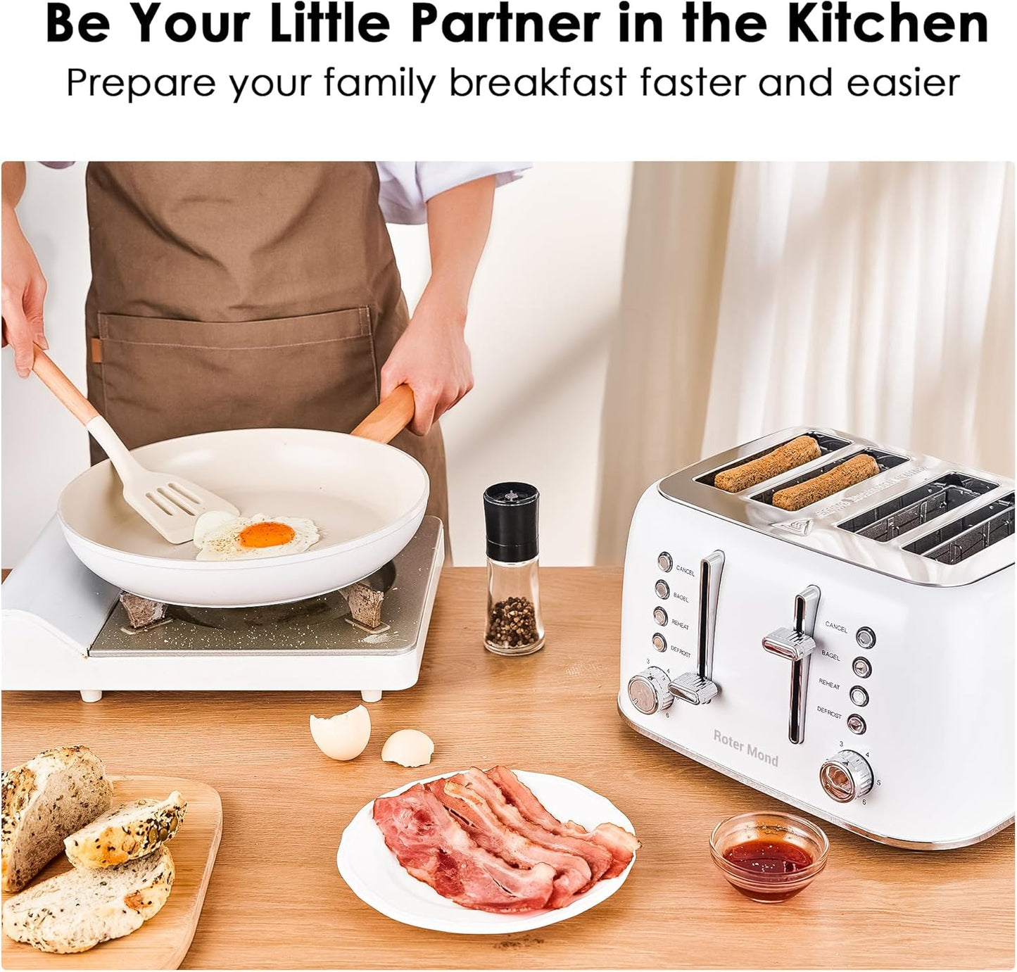 Toaster 4 Slice Retro Stainless Steel with Extra Wide Slots Bagel, Defrost, Reheat Function, Dual Independent Control Panel, Removable Crumb Tray, 6 Browning Levels, White