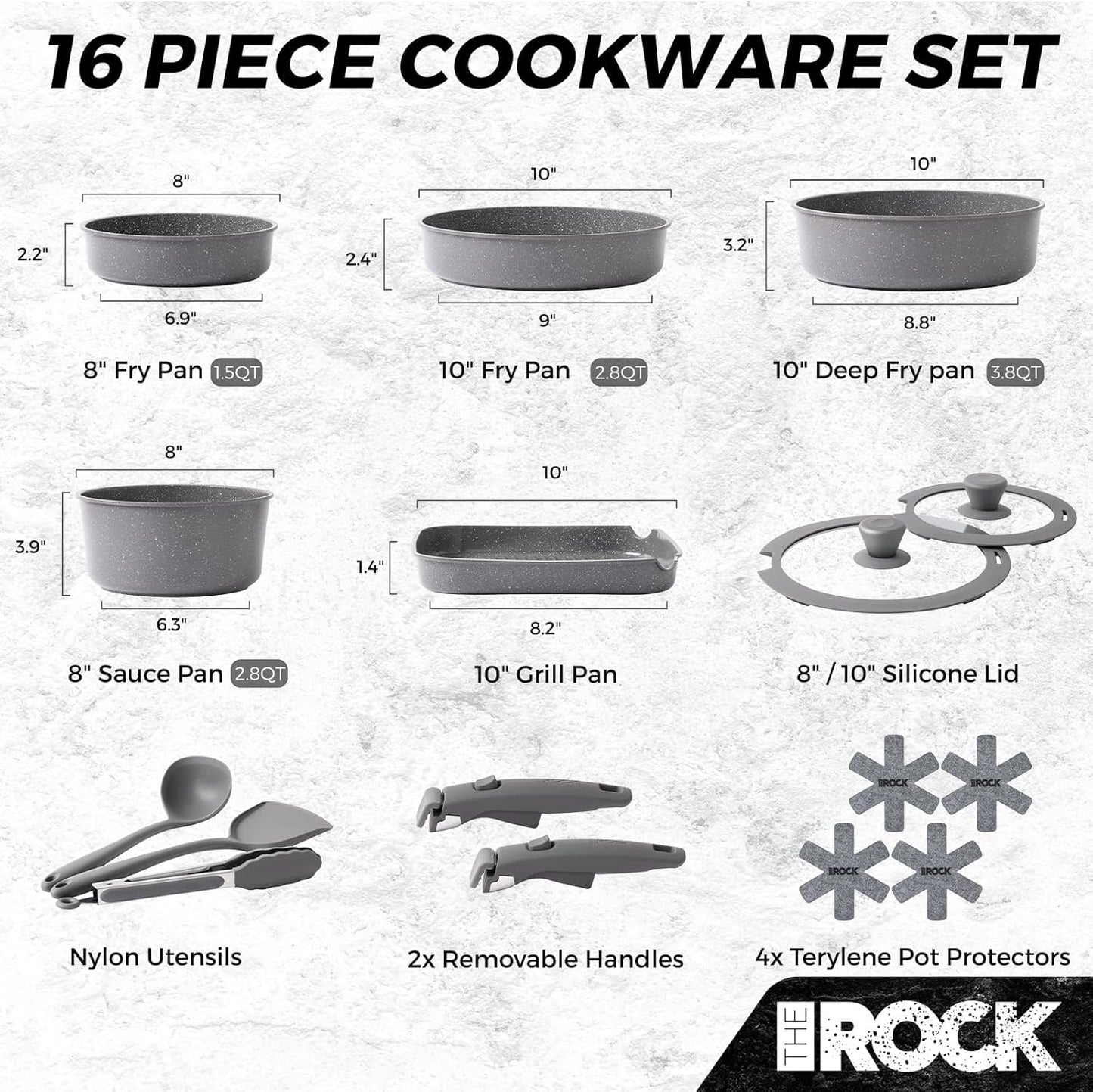 THE ROCK SMART SPACE Ceramic 16pc Nonstick Pots and Pans Set with ROCK.TEC, Cookware Set with Detachable Handles, Scratch/Stain/Crack Proof, Oven & Dishwasher Safe, PFAS & PFOA Free, Grey