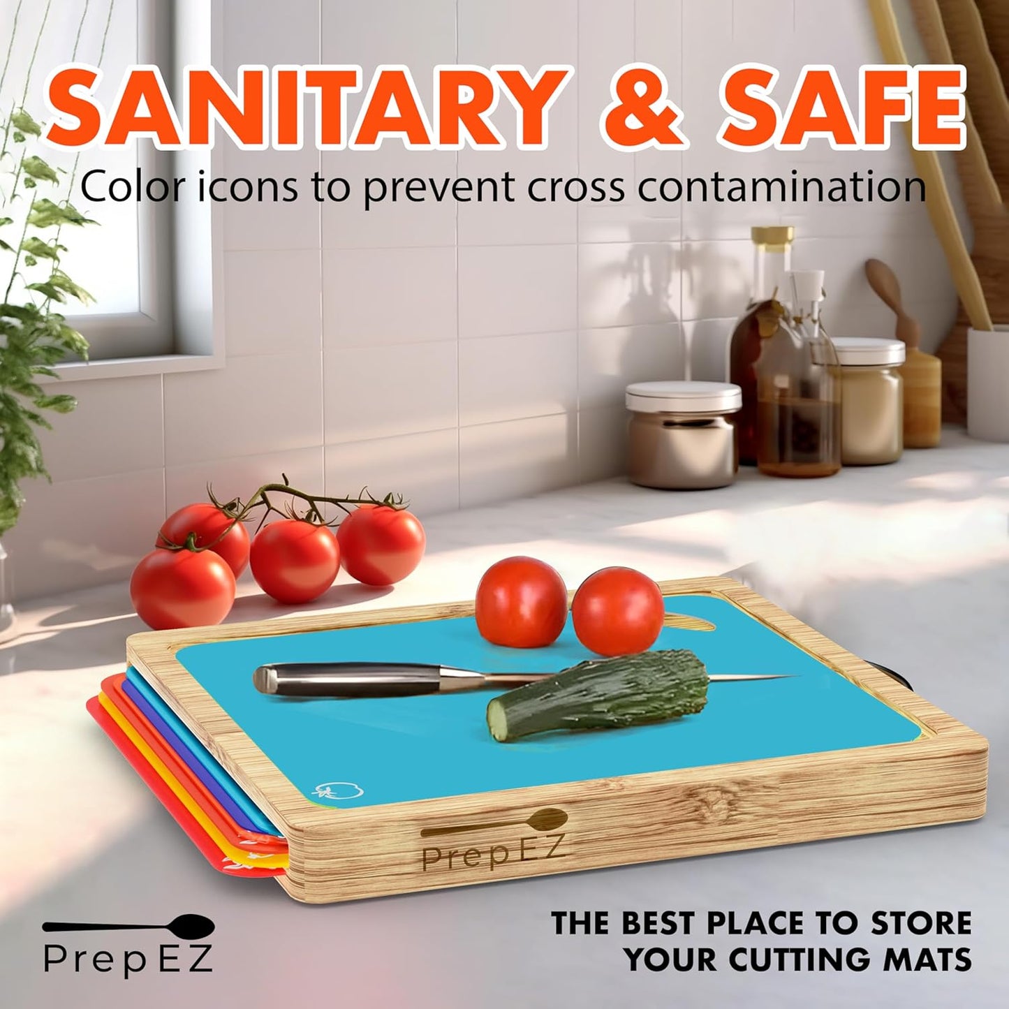 Cutting Boards for Kitchen – Bamboo Cutting Board with 7 Color-Coded Chopping Mats + Bonus Wood Cutting Board – Knife-Friendly & Dishwasher Safe Wooden Cutting Boards for Kitchen.