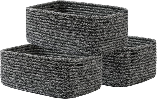 Small Woven Basket, 13.5 x 9.5 x 5 Inches, Storage Basket for Organizing, Cute Small Rope Shelf Closet Cube Storage Bins Baskets for Shelves, Dog Toy Gift Baskets Empty, 3 Pack Mixed Black
