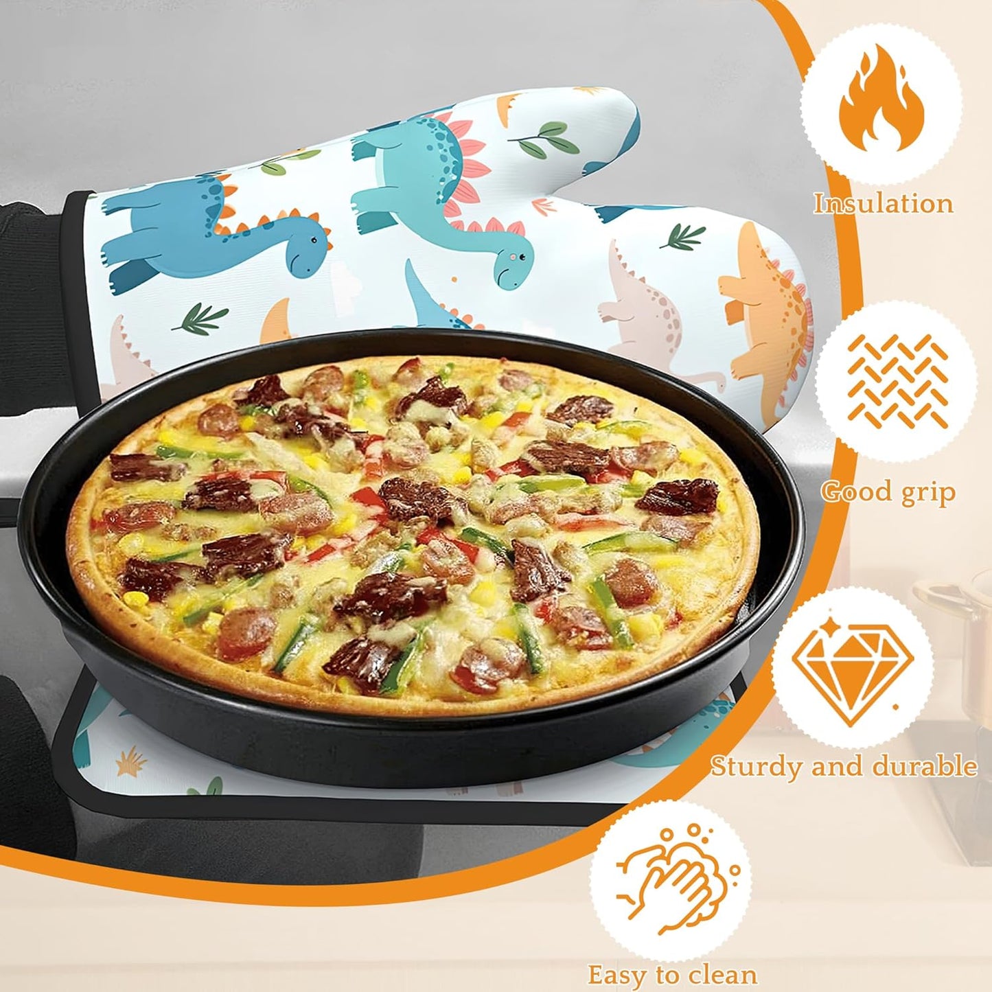 Cute Dinosaur Oven Mitts and Pot Holders,Heat Resistant Oven Mitts Gloves and Pot Holder for Home Kitchen Decorations Cooking Baking BBQ Gifts,Set of 4