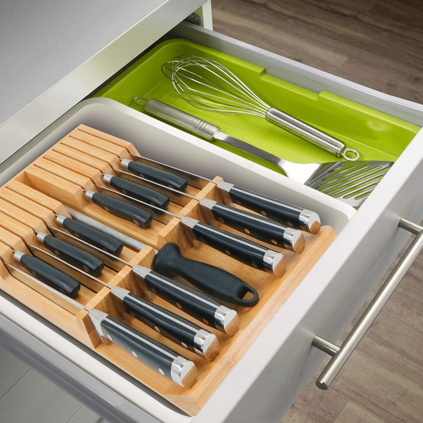 Utoplike in-Drawer Knife Block Bamboo Kitchen Knife Drawer Organizer, Large Handle Steak Knife Holder Without Knives, Fit for 12 Knives and 1 Sharpening Steel (Not Included)
