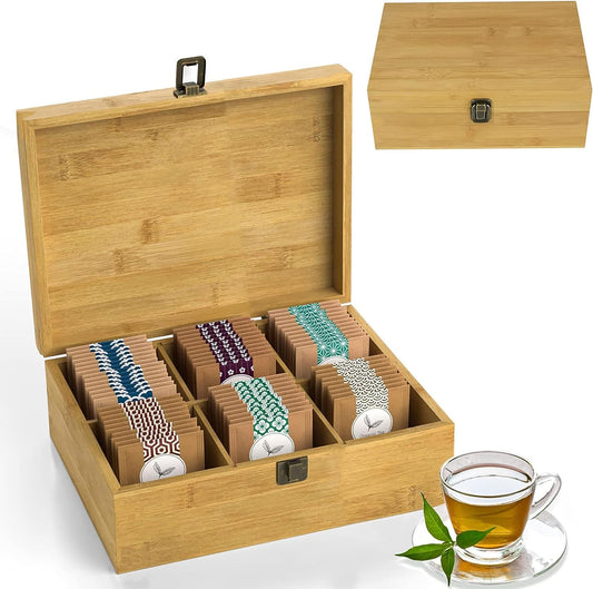 Tea Organizer Box Food Safe Chemical Free Bamboo Storage Chest Tall, Adjustable Cubbies (6-Slot 11" x 8.1" x 4.2" Blank)