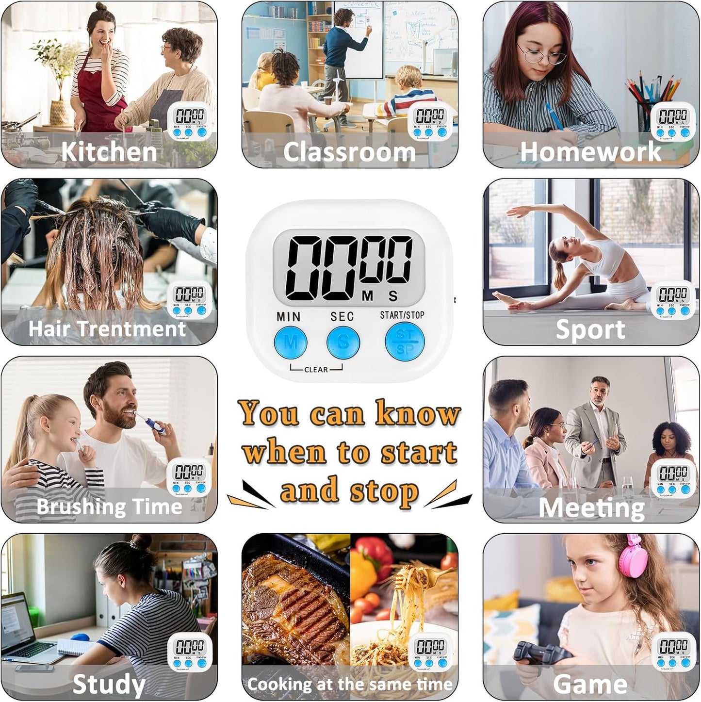 ZILLEEN 6 Pack Kitchen Timers for Cooking Digital Classroom Timers for Kids Teachers White Blue Pink