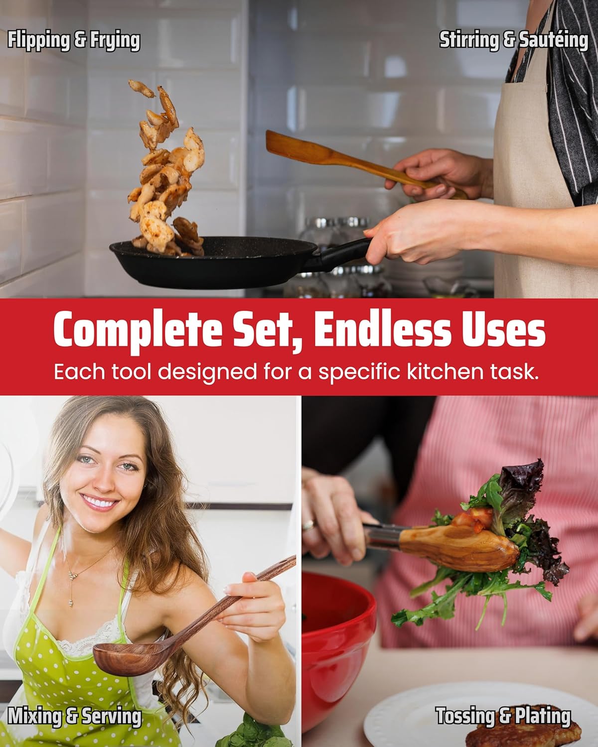 Elegant 5-Piece Walnut Wood Kitchen Utensil Set – Non-Scratch, Heat-Resistant Cooking Utensil Set with Kitchen Tongs, Spoons, Spatula & Ladle – Lightweight, Durable & Perfect for Daily Use or Gifting