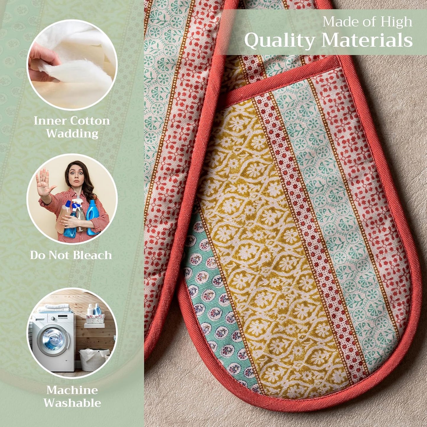 Maison d' Hermine Double Oven Mitts 100% Cotton 7"x35" Double Oven Mitt Heat Resistant BBQ Cooking Gloves with Loop, Baking, Grilling, Home, Kitchen, Handling Hot Pans Spring Summer (Provence)