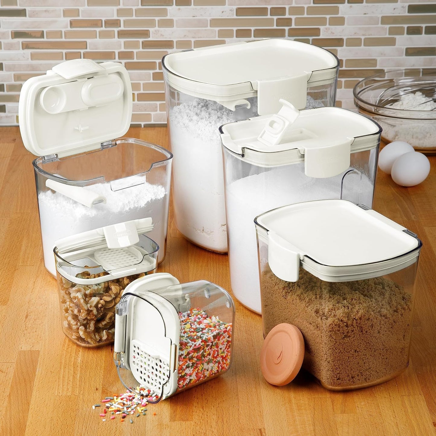 Progressive ProKeeper Baker's Airtight Kitchen Storage Canister Container Set for Flour, Sugar & More, Keeps Ingredients Fresh, with Accessories (White, 6- Piece)