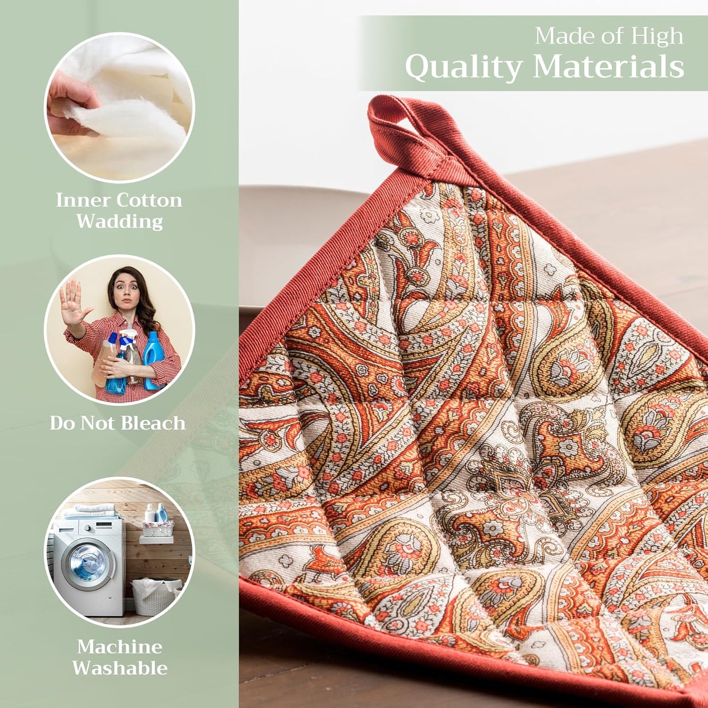 Maison d' Hermine Pot Holders 100% Cotton Heat Resistant Potholders 8" x 8" Hot Pads with Loop BBQ, Cooking, Baking, Grilling, Kitchen, Handling Hot Pans (Pack of 1, Kashmir Paisley)